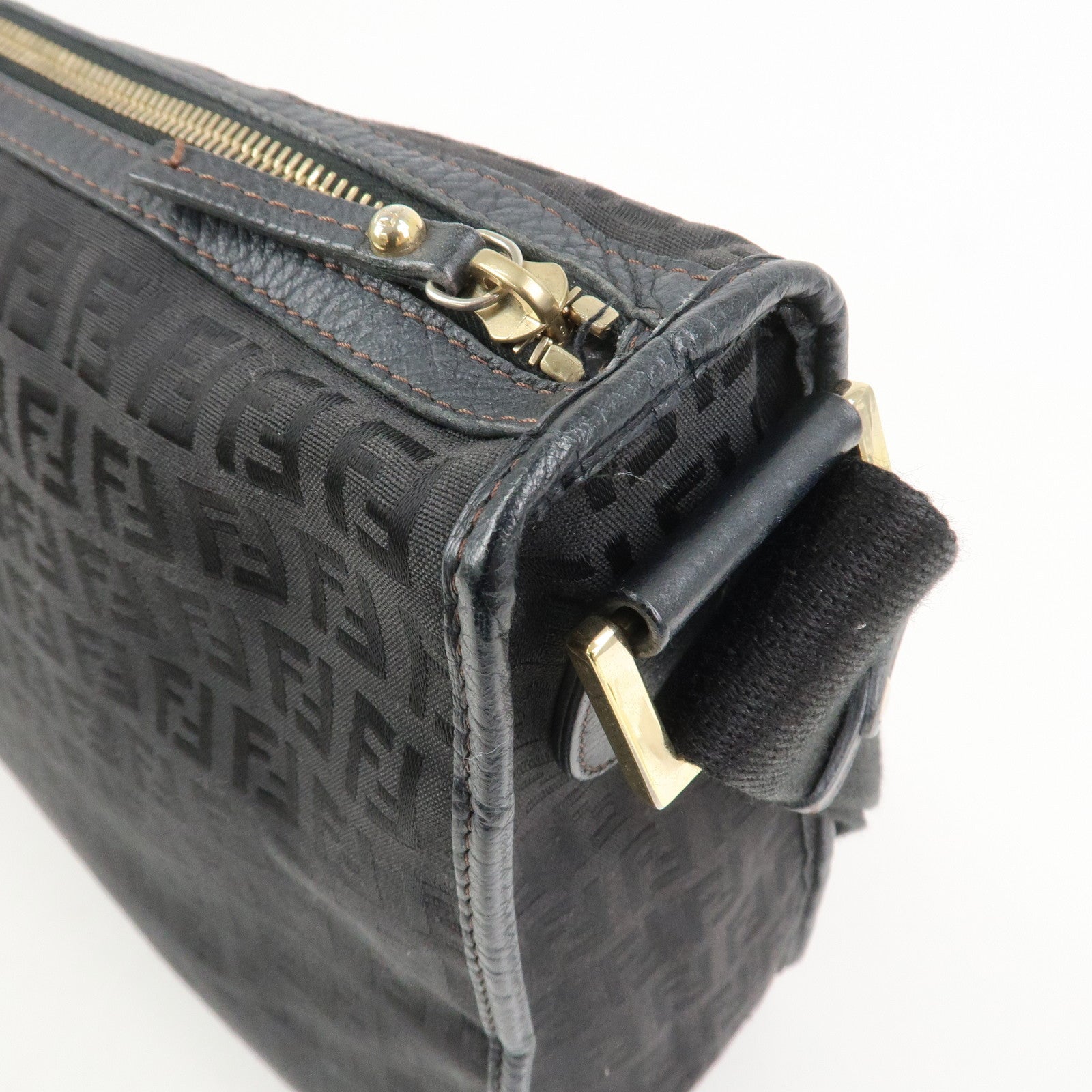 FENDI Zucchino Canvas Leather Shoulder Crossbody Bag Black 8BT090