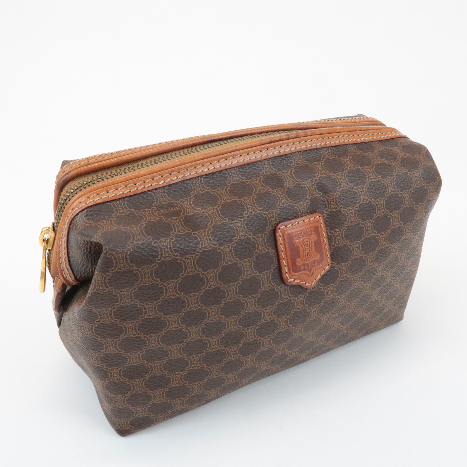 CELINE Macadam PVC Leather Canvas Pouch Brown Gold Hardware