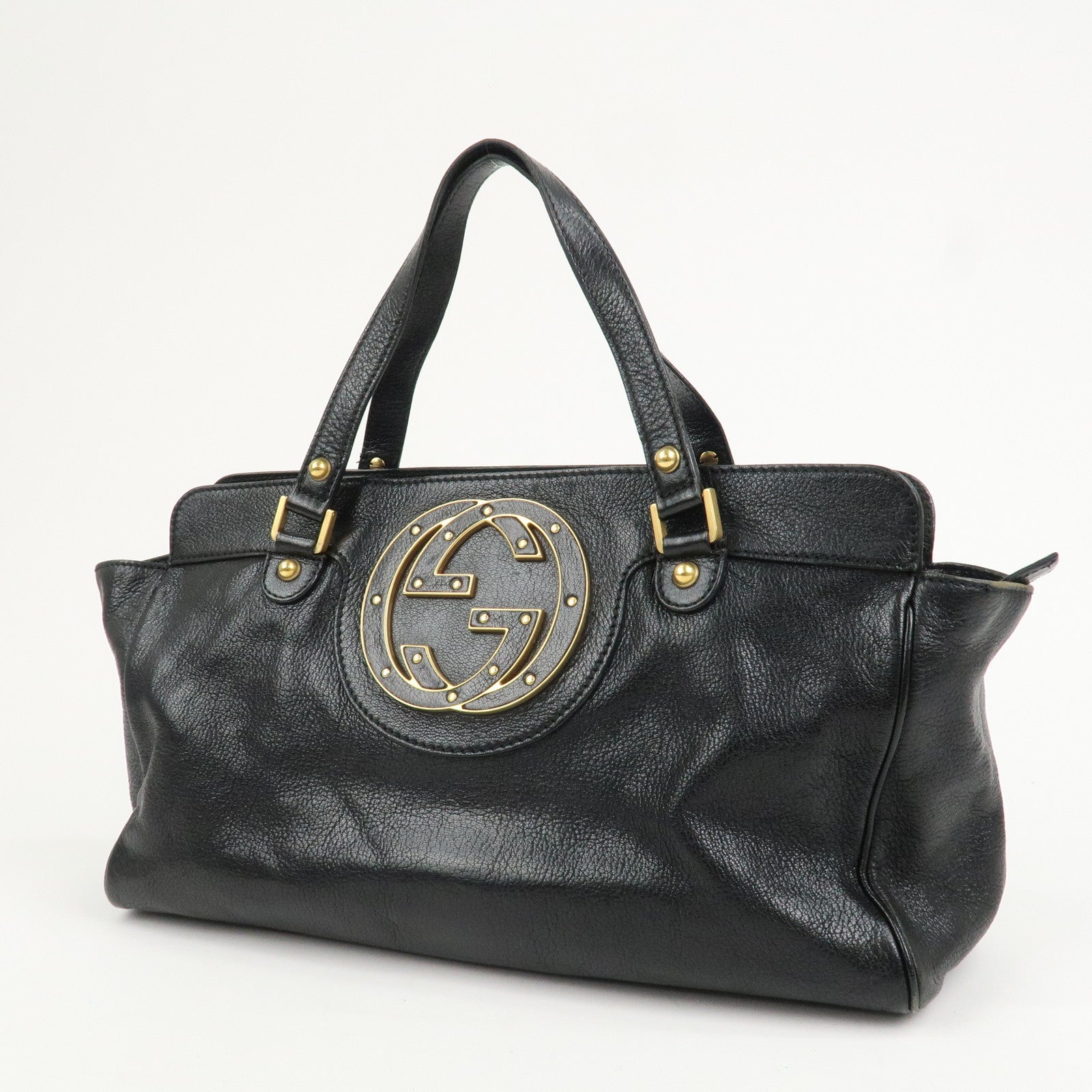GUCCI Interlocking G Leather Blondie Studs Hand Bag Black 121551