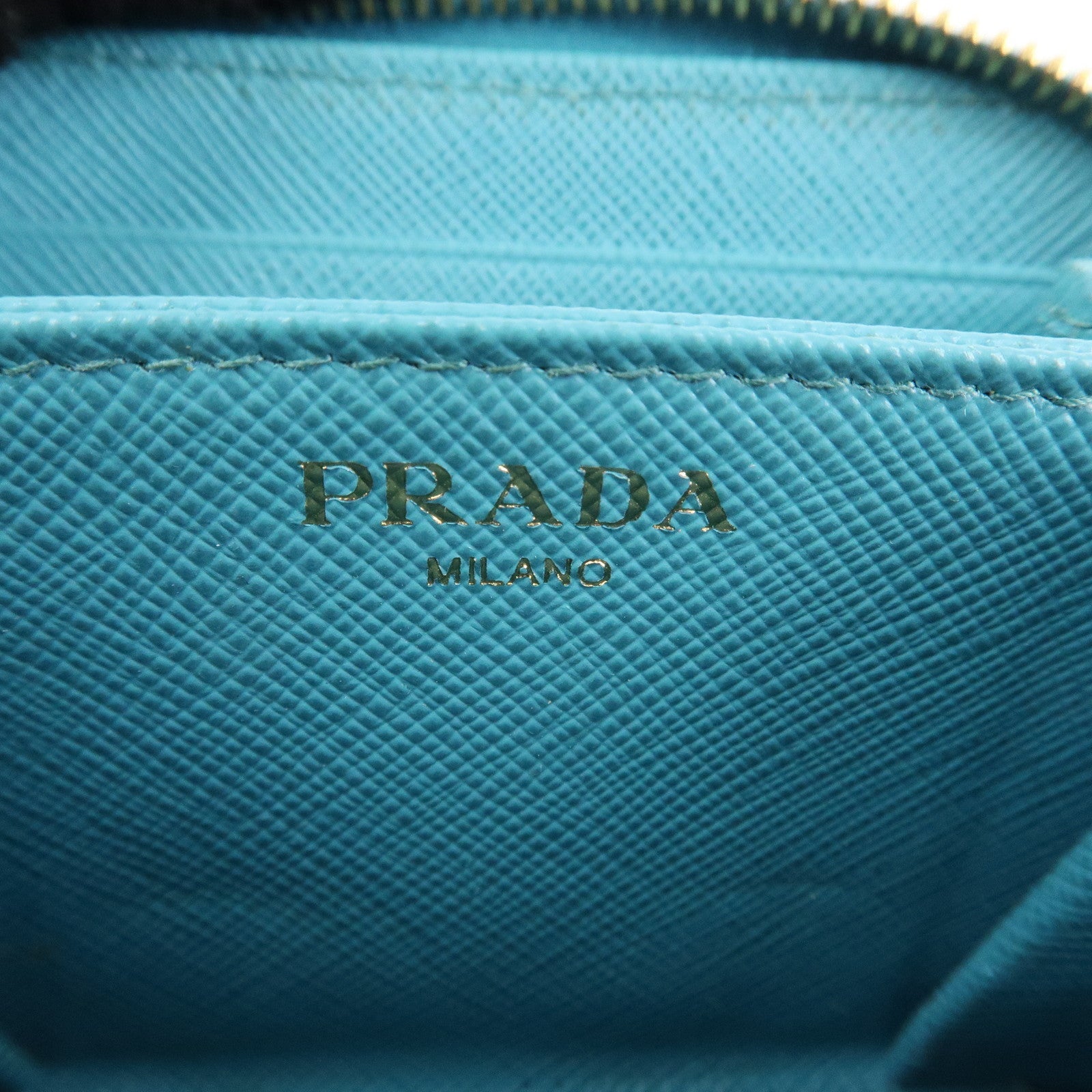 PRADA Logo Saffiano Leather Round Zippy Small Wallet Blue 1MM268 Used
