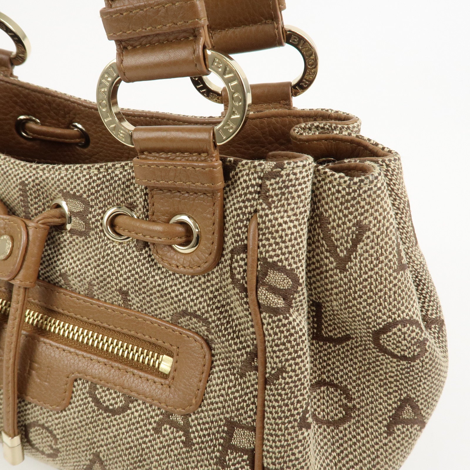 BVLGARI Logo Mania Jacquard Leather Hand Bag Tote Bag Beige