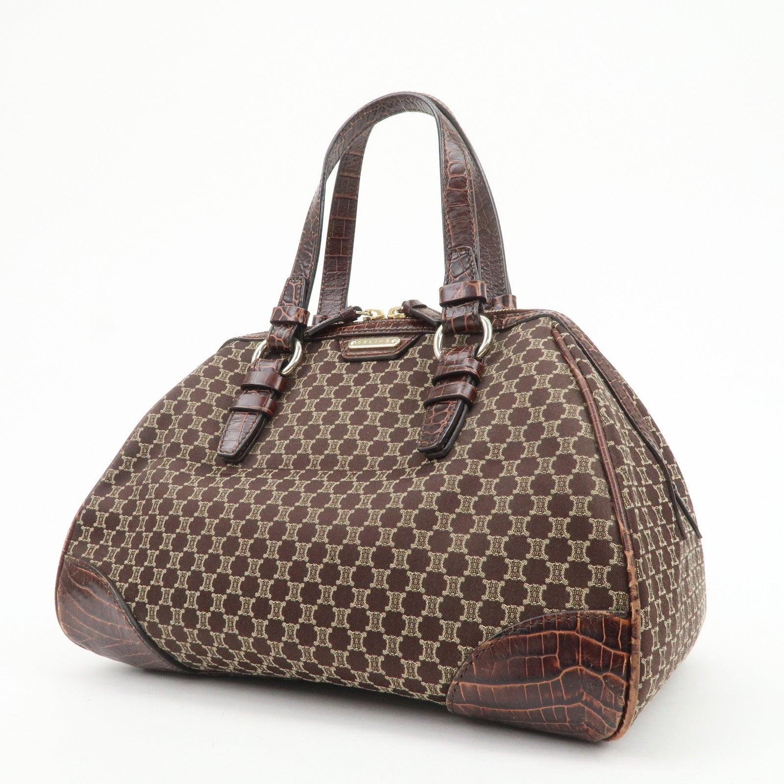 CELINE Macadam Canvas Embossed Leather Hand Bag Shoulder Bag Brown