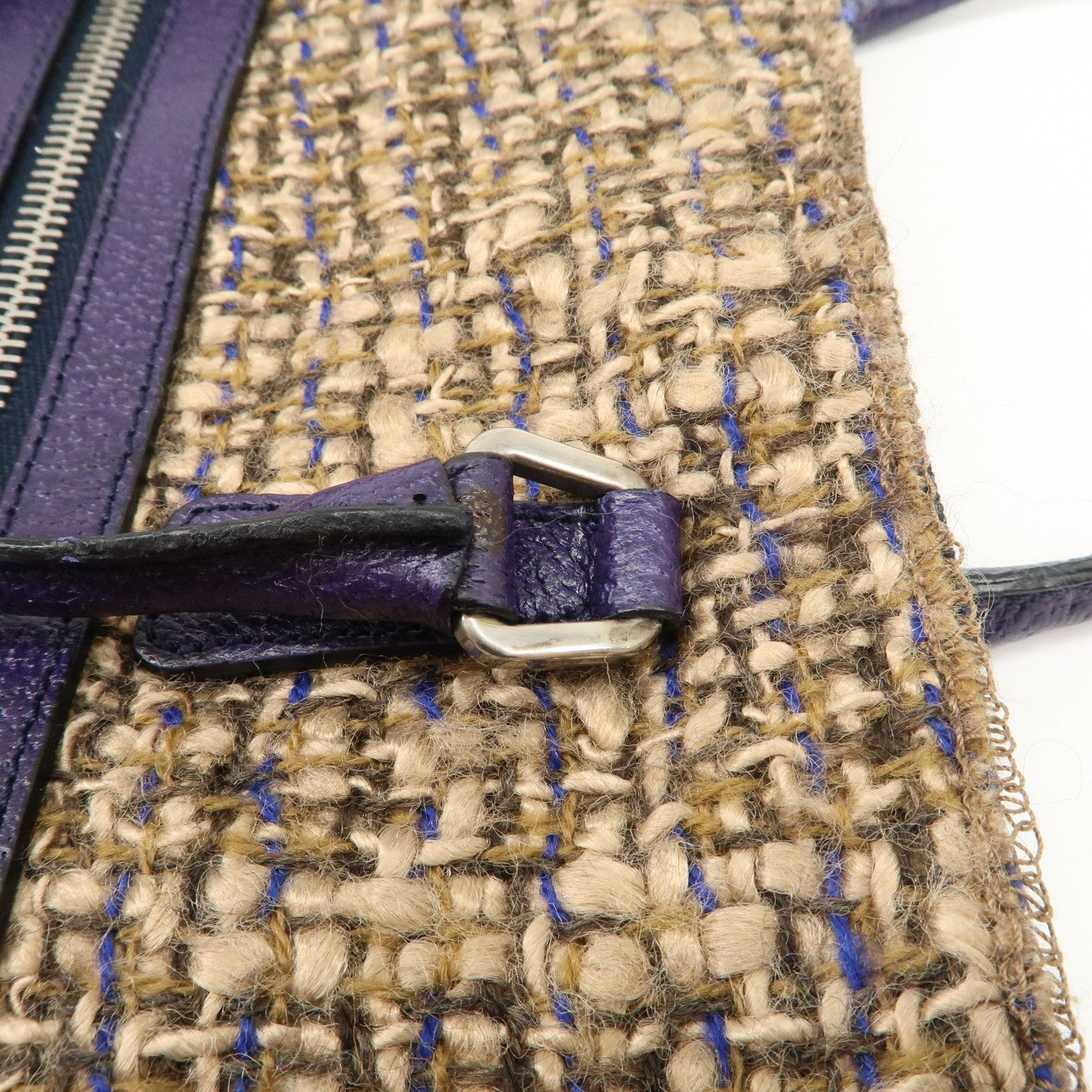 PRADA Triangle Logo Tweed Leather Tote Bag Purple Beige B11261 Used