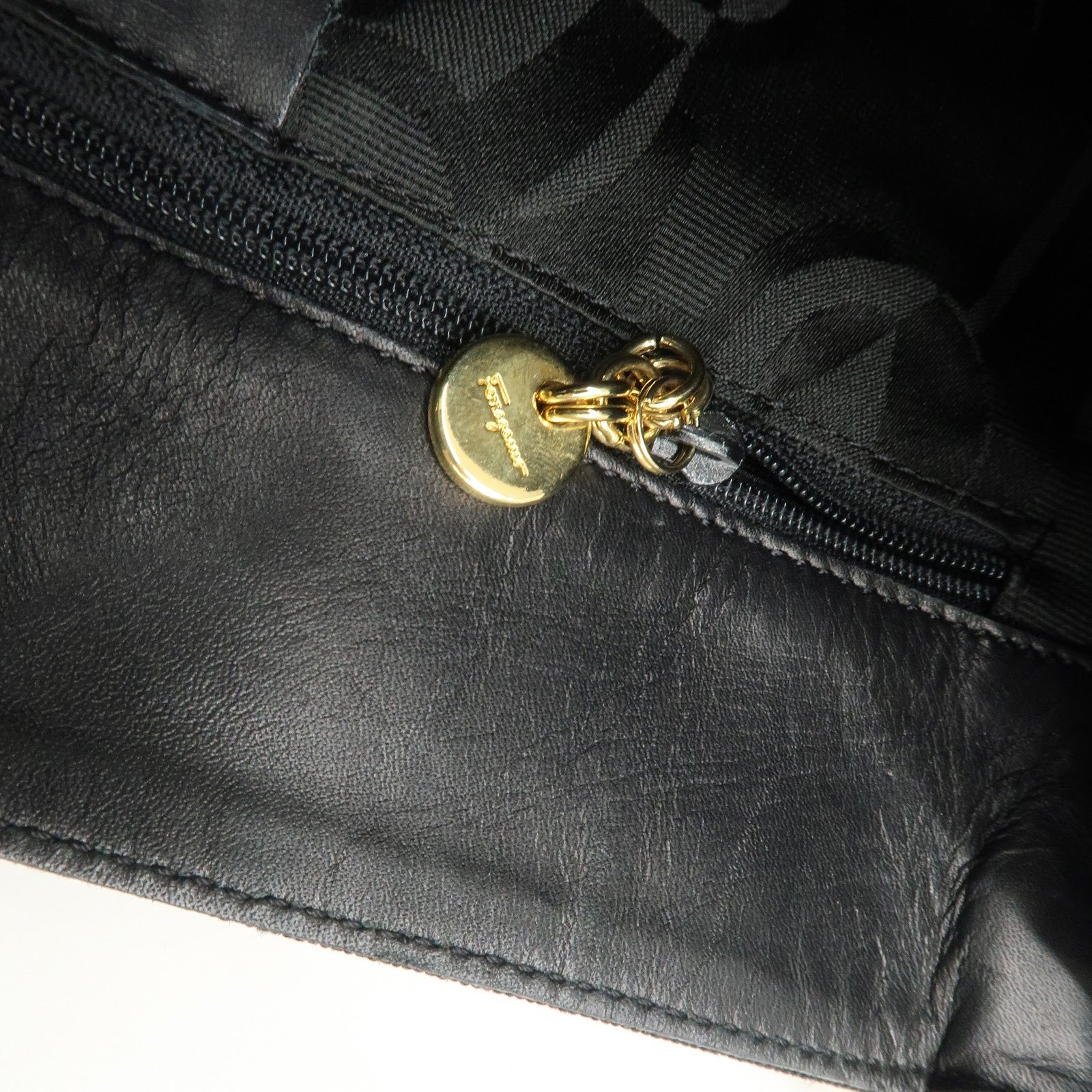 Ferragamo Leather Canvas Chain Tote Bag Hand Bag Black Gold Hardware Used