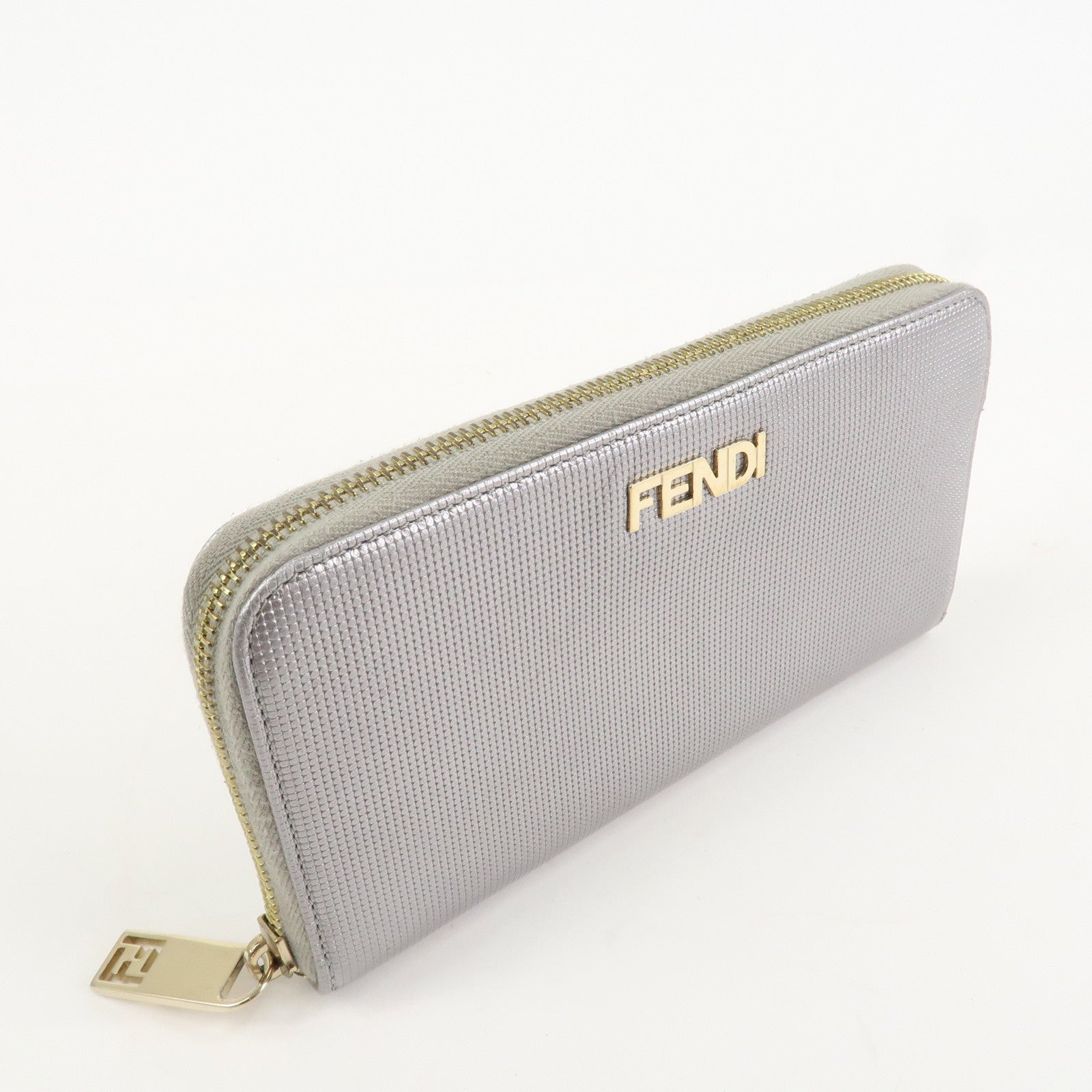 FENDI Leather Round Zippy Long Wallet Silver 8M0024 Used