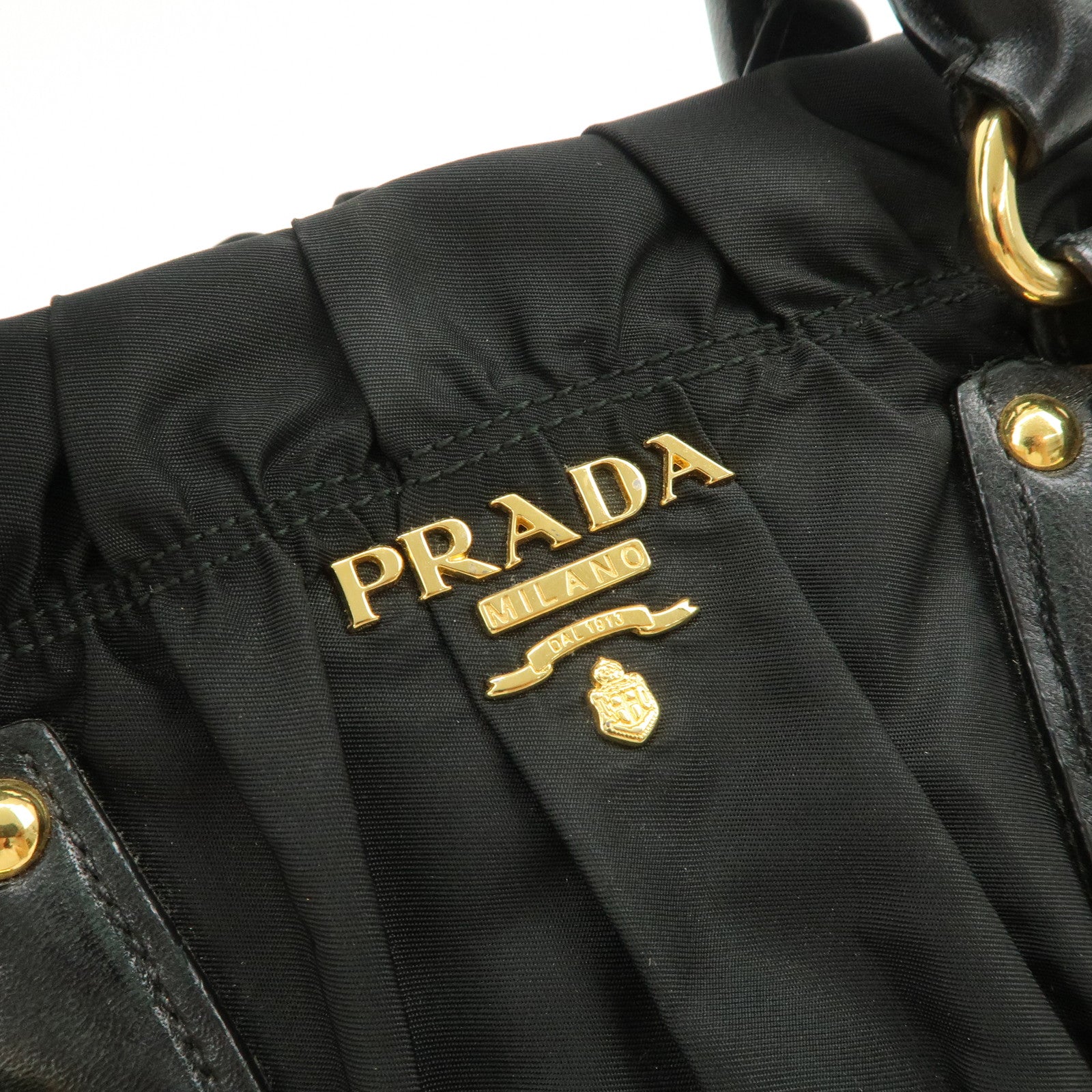 PRADA Nylon Leather Gathered 2Way Hand Shoulder Bag Black BN1407