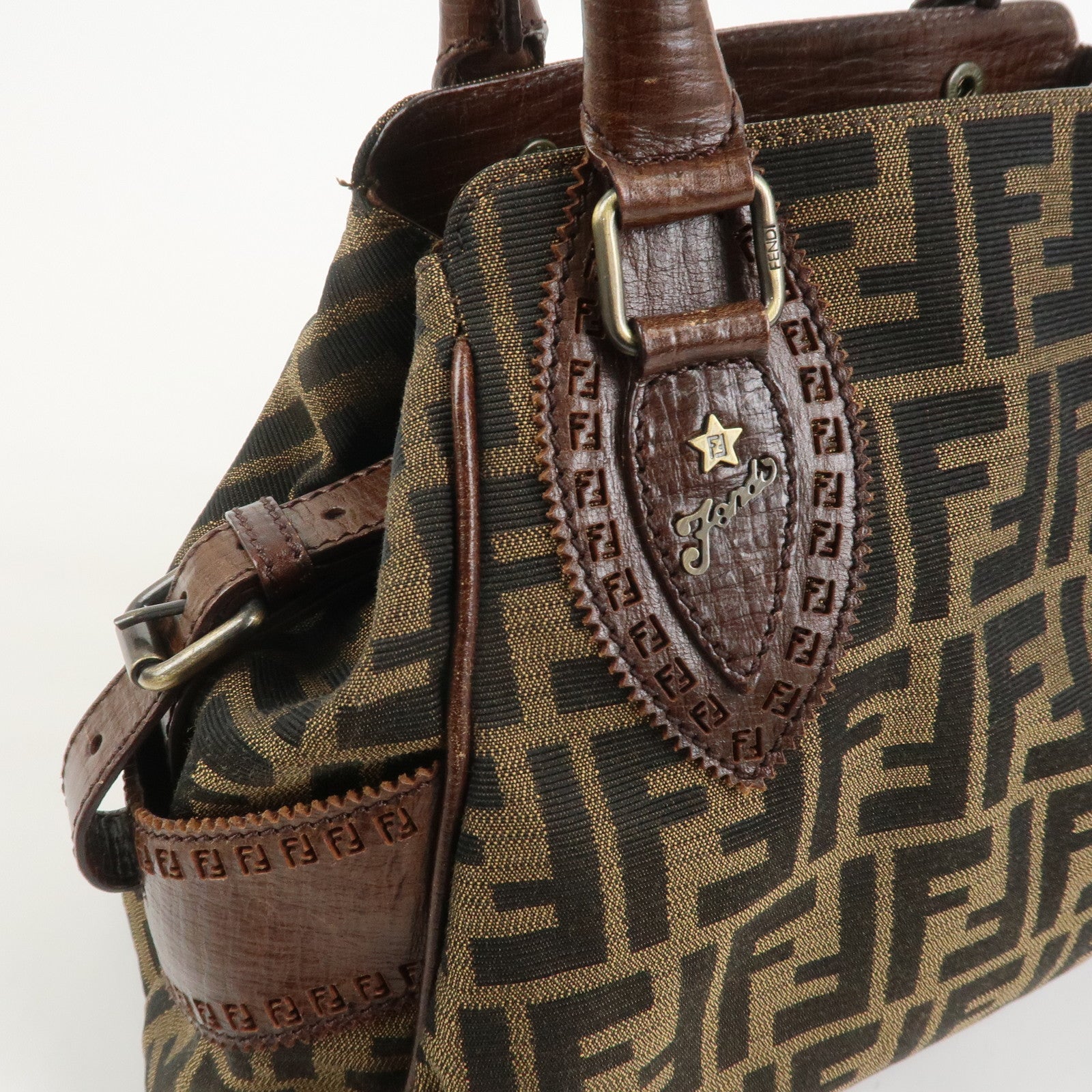 FENDI Etnico Canvas Leather Shoulder Bag Brown Black 8BN157