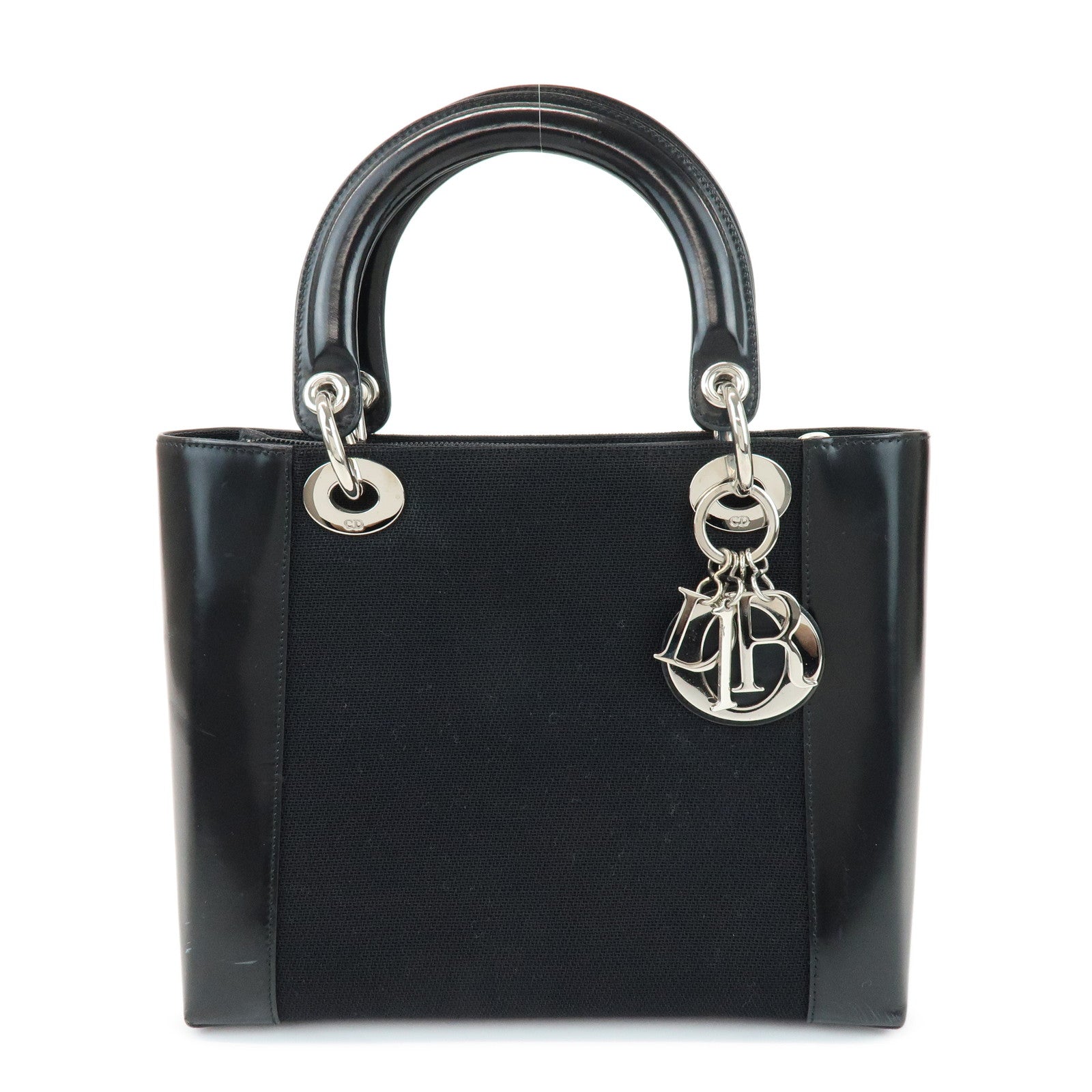 Christian Dior Lady Dior Canvas Patent Leather Hand Bag Black