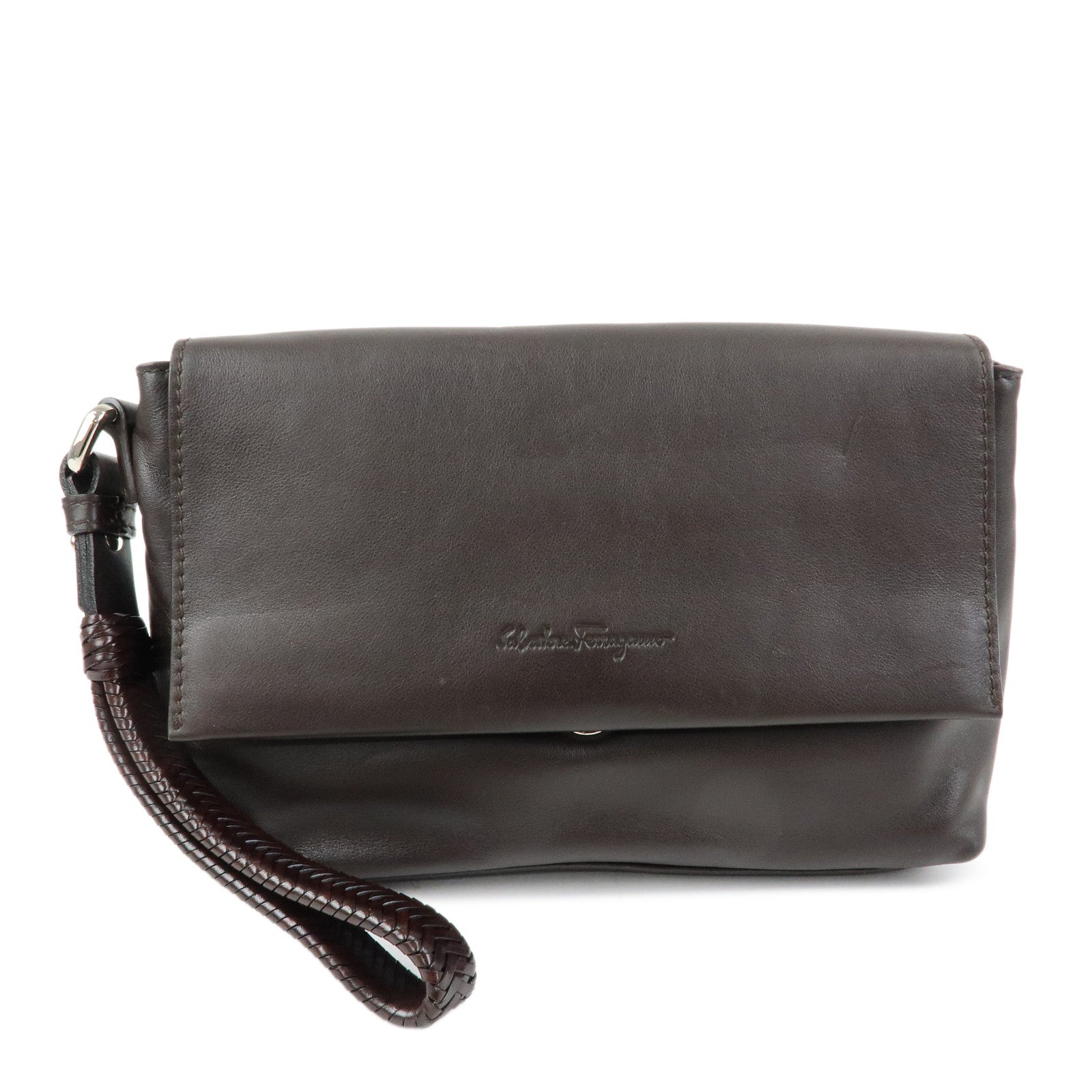 Ferragamo Leather Clutch Bag Second Bag Wrist Strap Brown