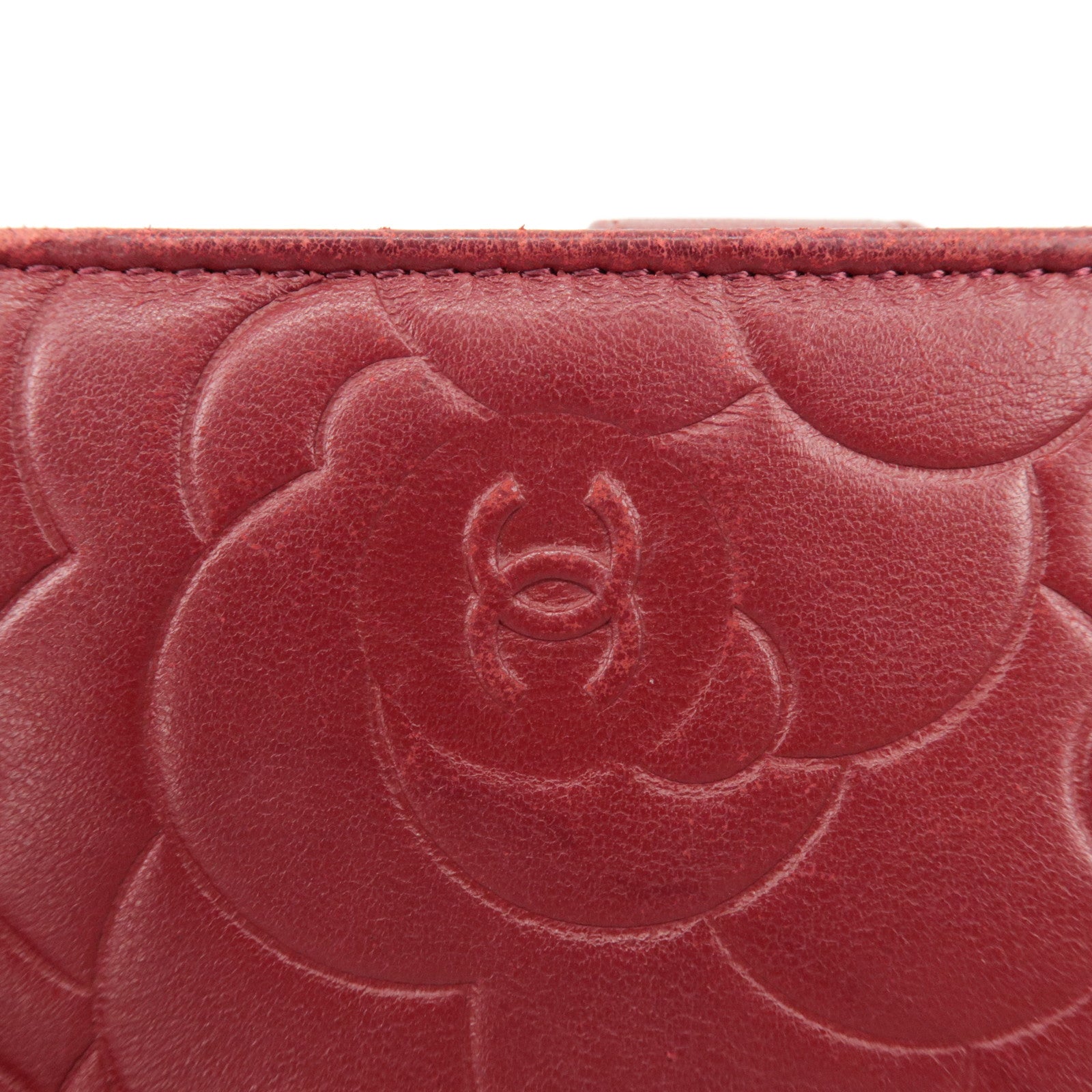 CHANEL COCO Mark Camelia Leather Bi-fold Wallet Red A50087 Used
