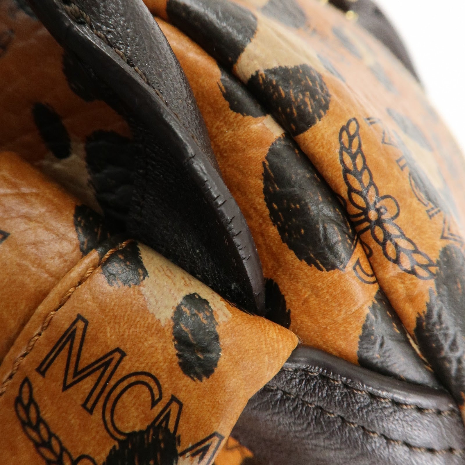 MCM Visetos Leather Leopard Back Pack Black Beige Brown Gold HDW Used