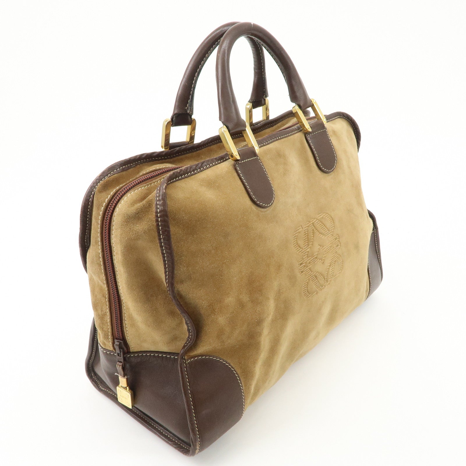 LOEWE Anagram Amazona 40 Suede Leather Hand Bag Beige Dark Brown Used