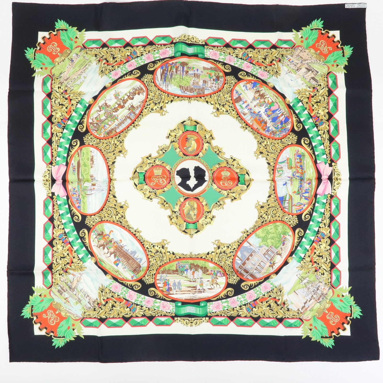 HERMES Carre 90 Silk100% Scarf L'Entente Cordiale Black White Green