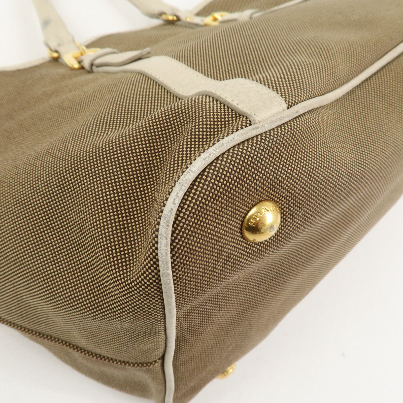 PRADA Logo Jacguard Leather 2Way Tote Bag Brown Ivory BN1841