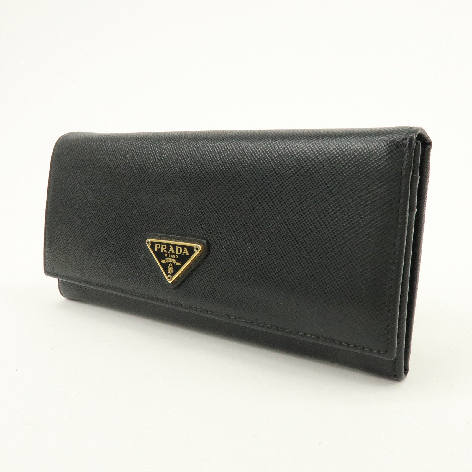 PRADA Triangle Logo Saffiano Leather Flap Long Wallet Black 1MH132