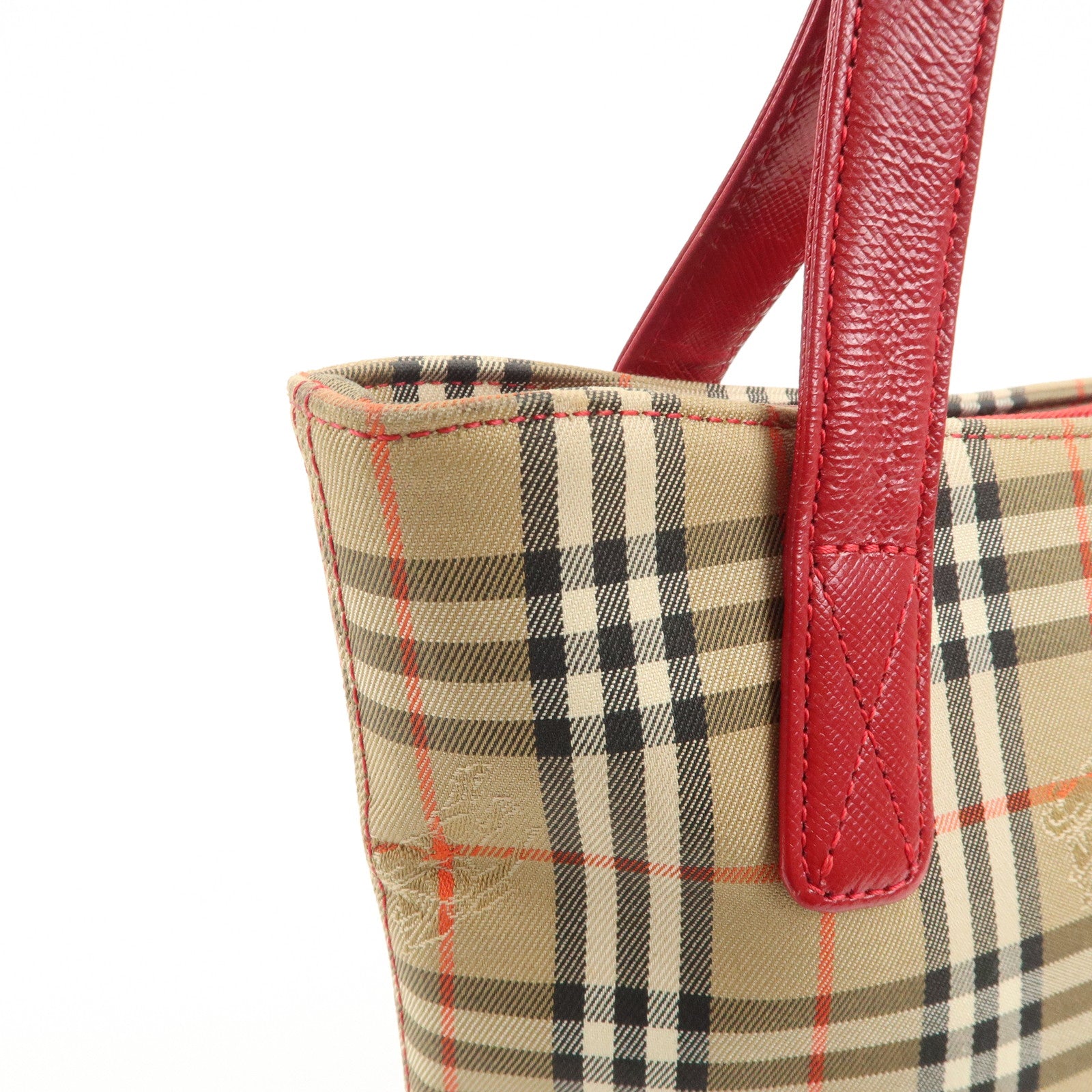 BURBERRY Leather Canvas Tote Bag Hand Bag Nova Plaid Red Beige Used