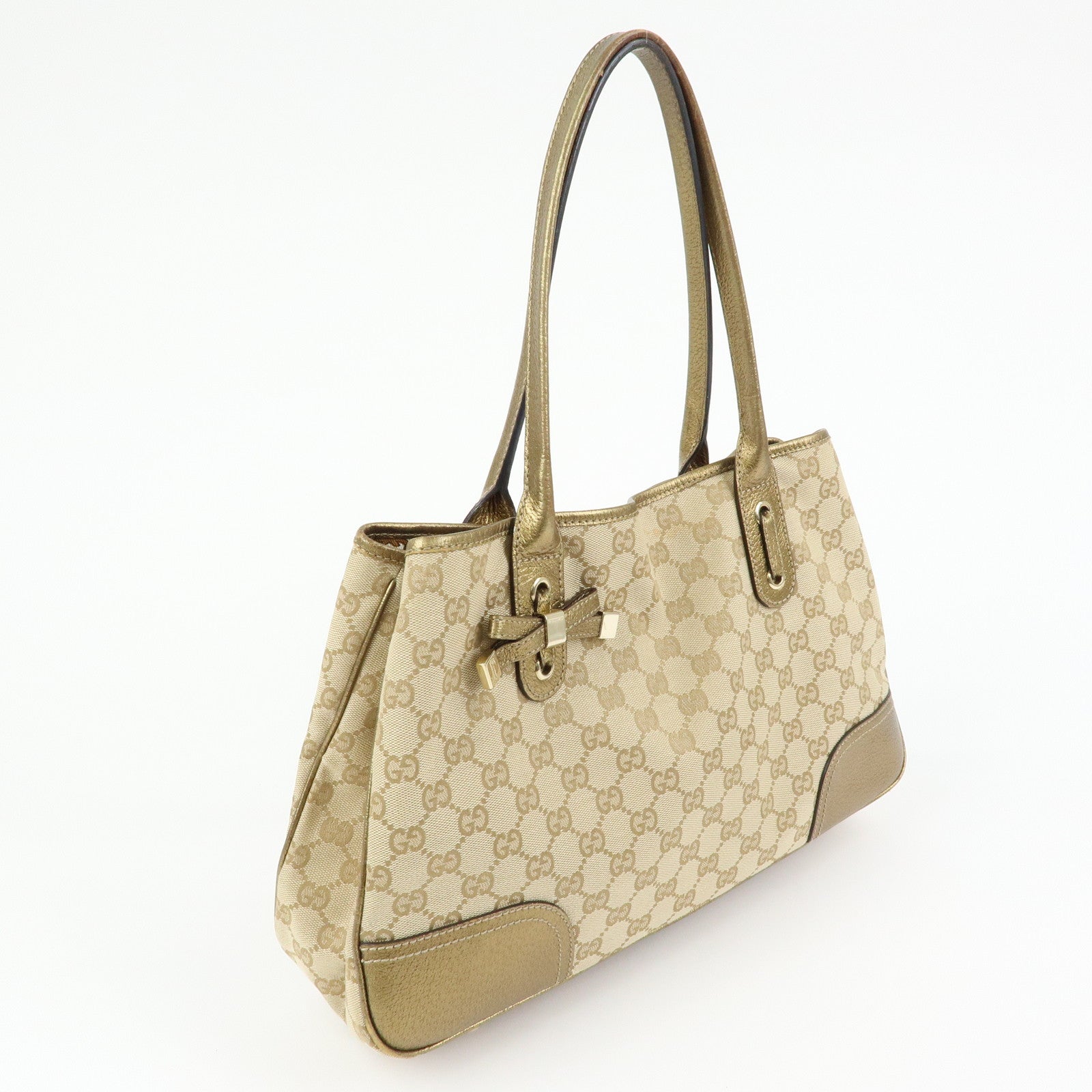 GUCCI Princy GG Canvas Leather Tote Shoulder Bag Beige Gold 163805