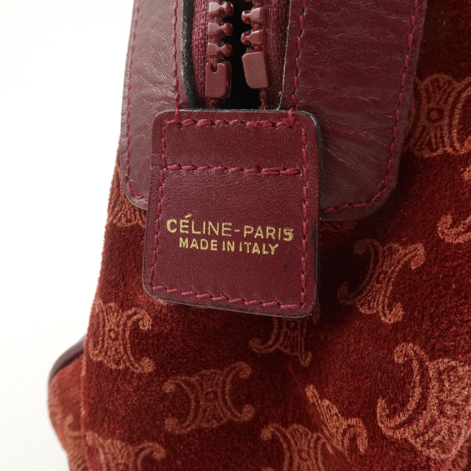 CELINE Macadam Logo Suede Leather Boston Bag Hand Bag Red Brown