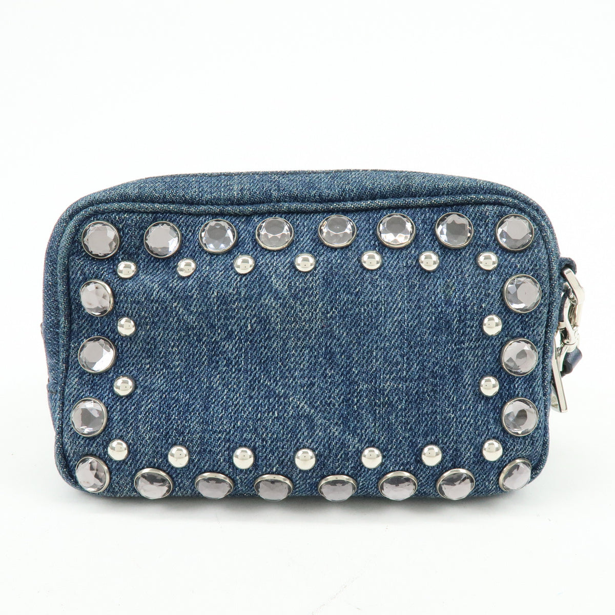 PRADA Logo Denim Shoulder Bag Crossbody Bag Rhinestone Blue