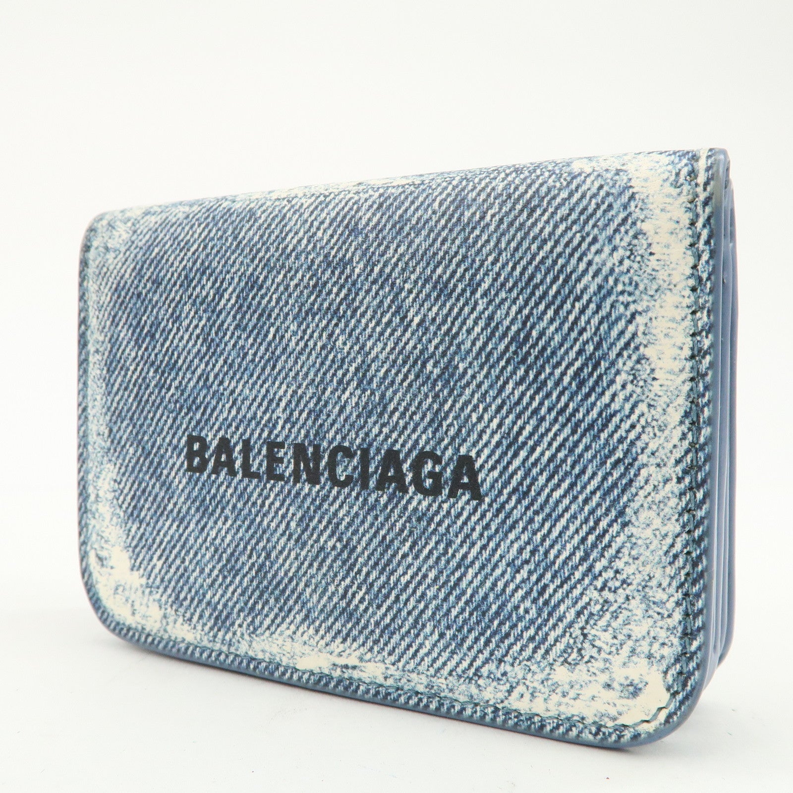 BALENCIAGA Denim Leather CASH Mini Tri-fold Compact Wallet 593813