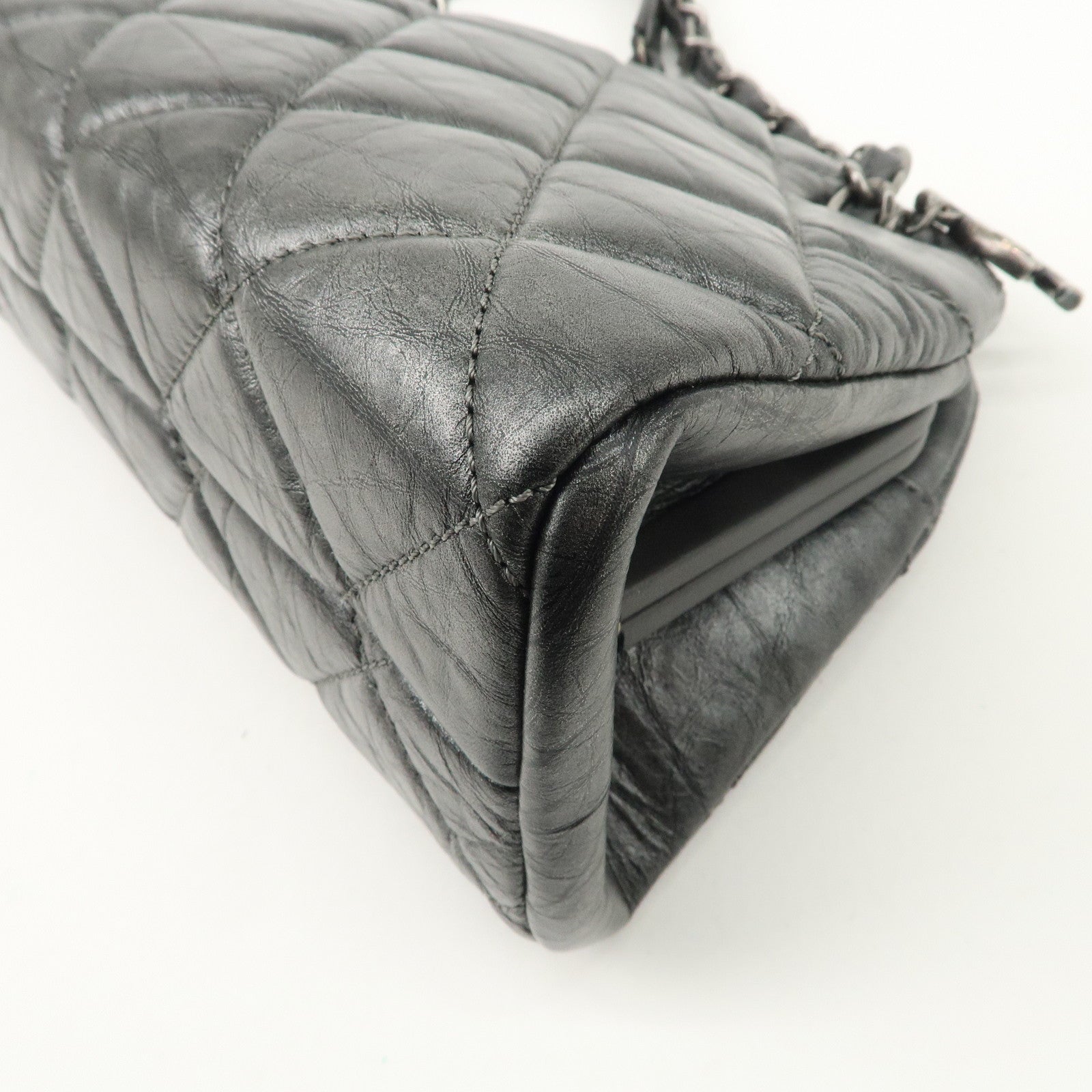 CHANEL Matelasse Leather Mademoiselle Chain Shoulder Bag Gray Silver Used
