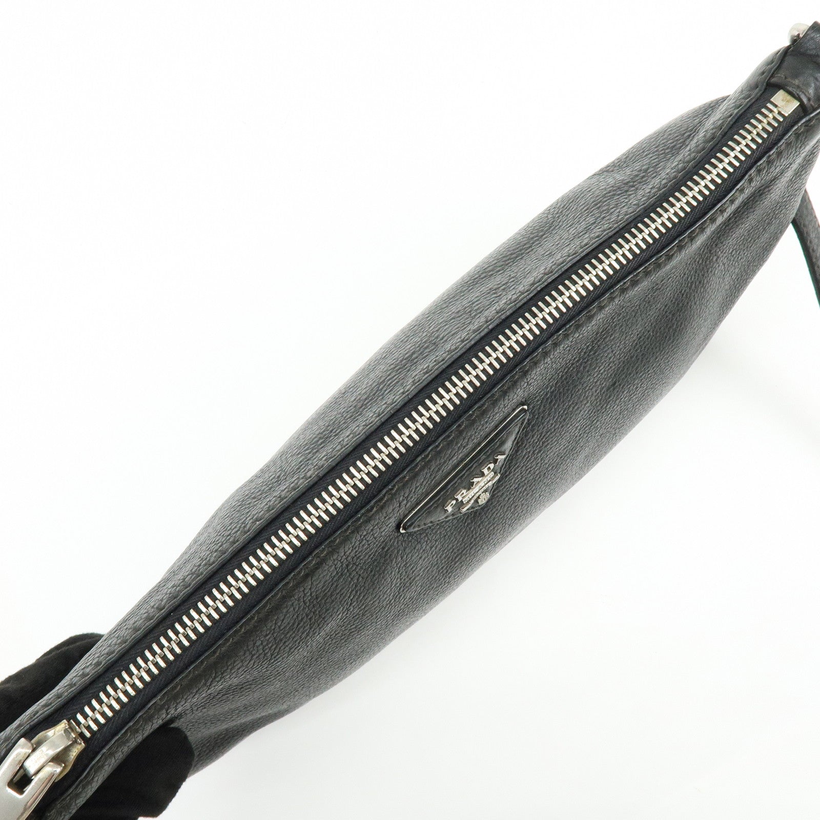 PRADA Triangle Logo Vitello Daino Leather Shoulder Bag Black 1BH997