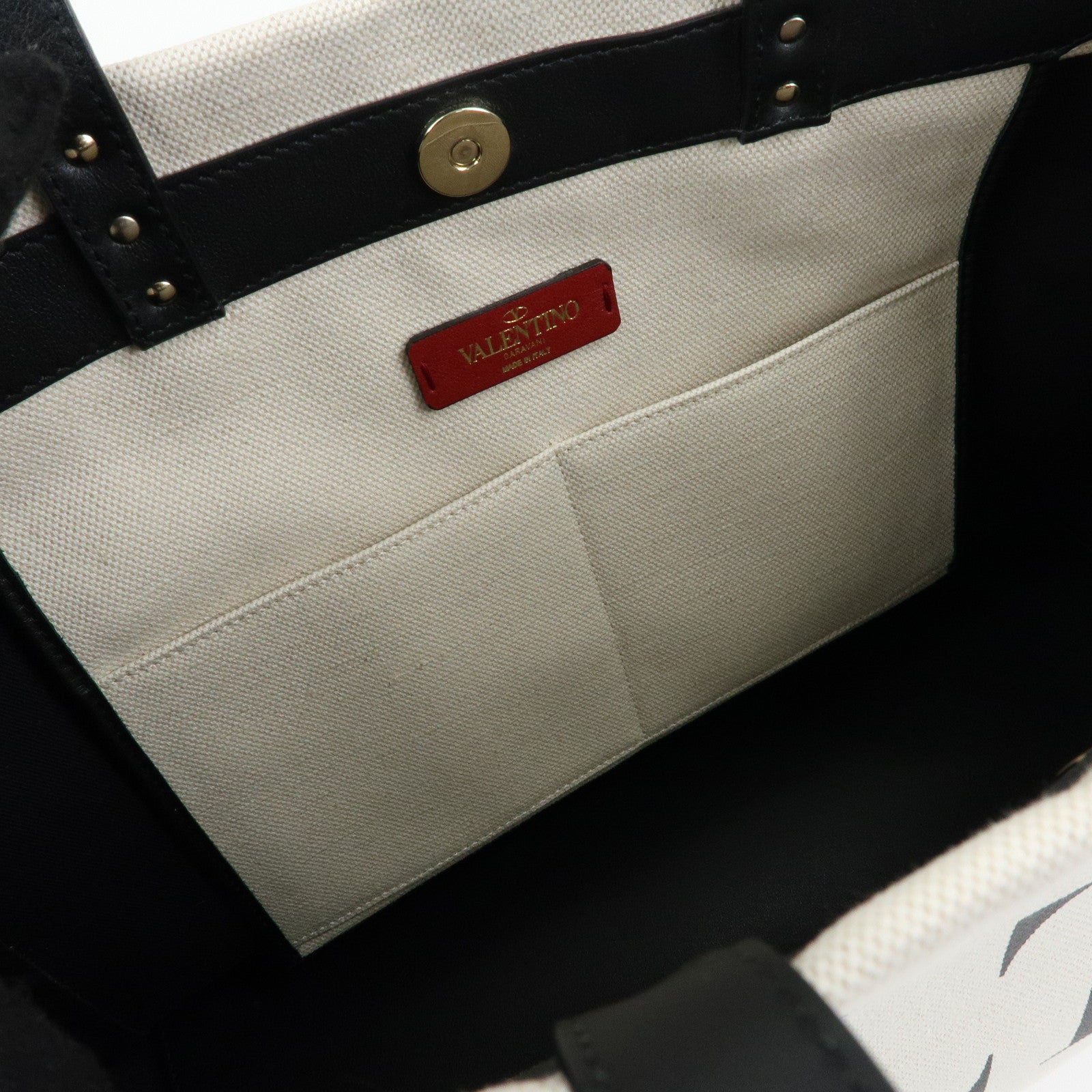 VALENTINO Rockstud Canvas Leather Tote Bag Hand Bag Natural Black