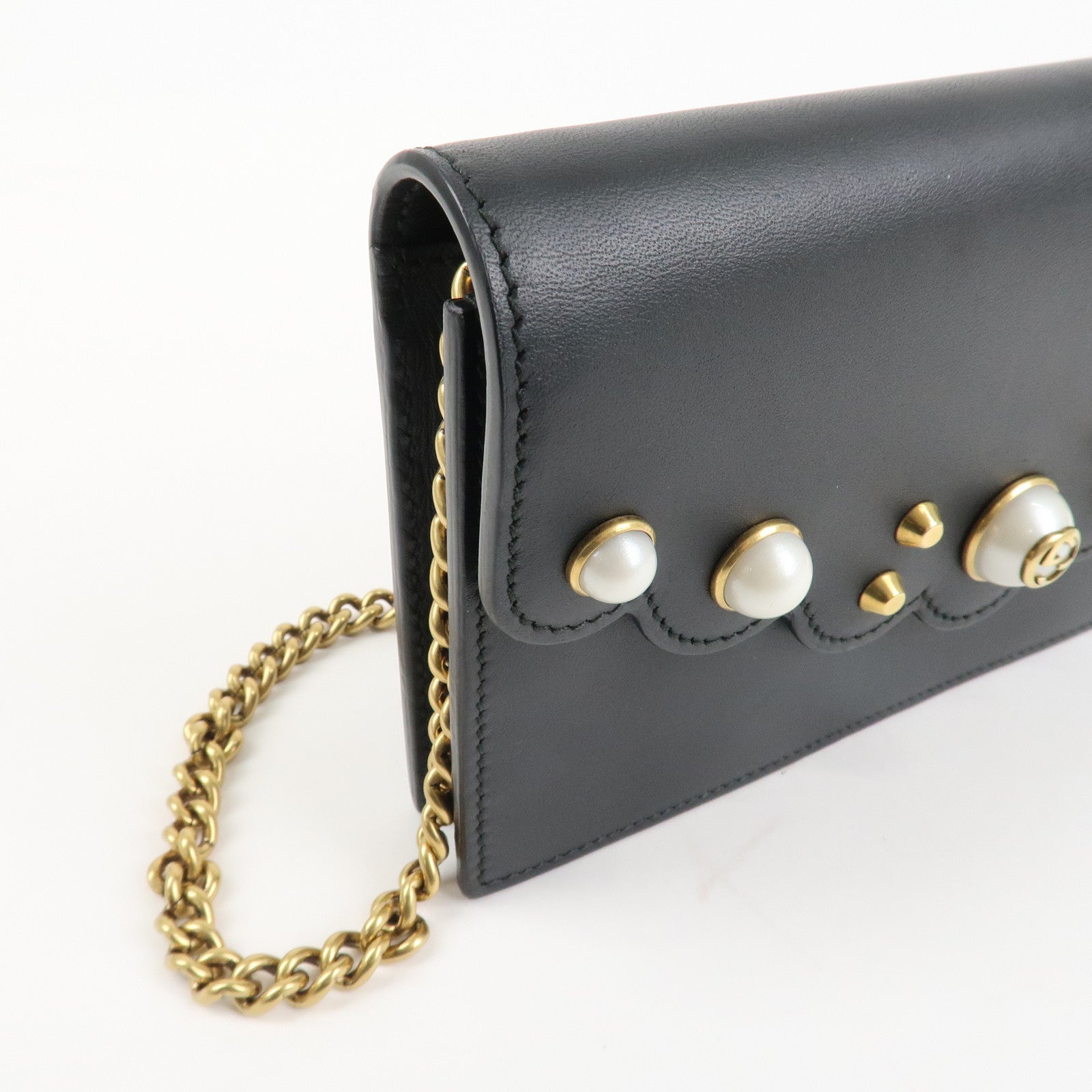 GUCCI GG Marmont Leather Chain Wallet Gold HDW Black 431478 Used