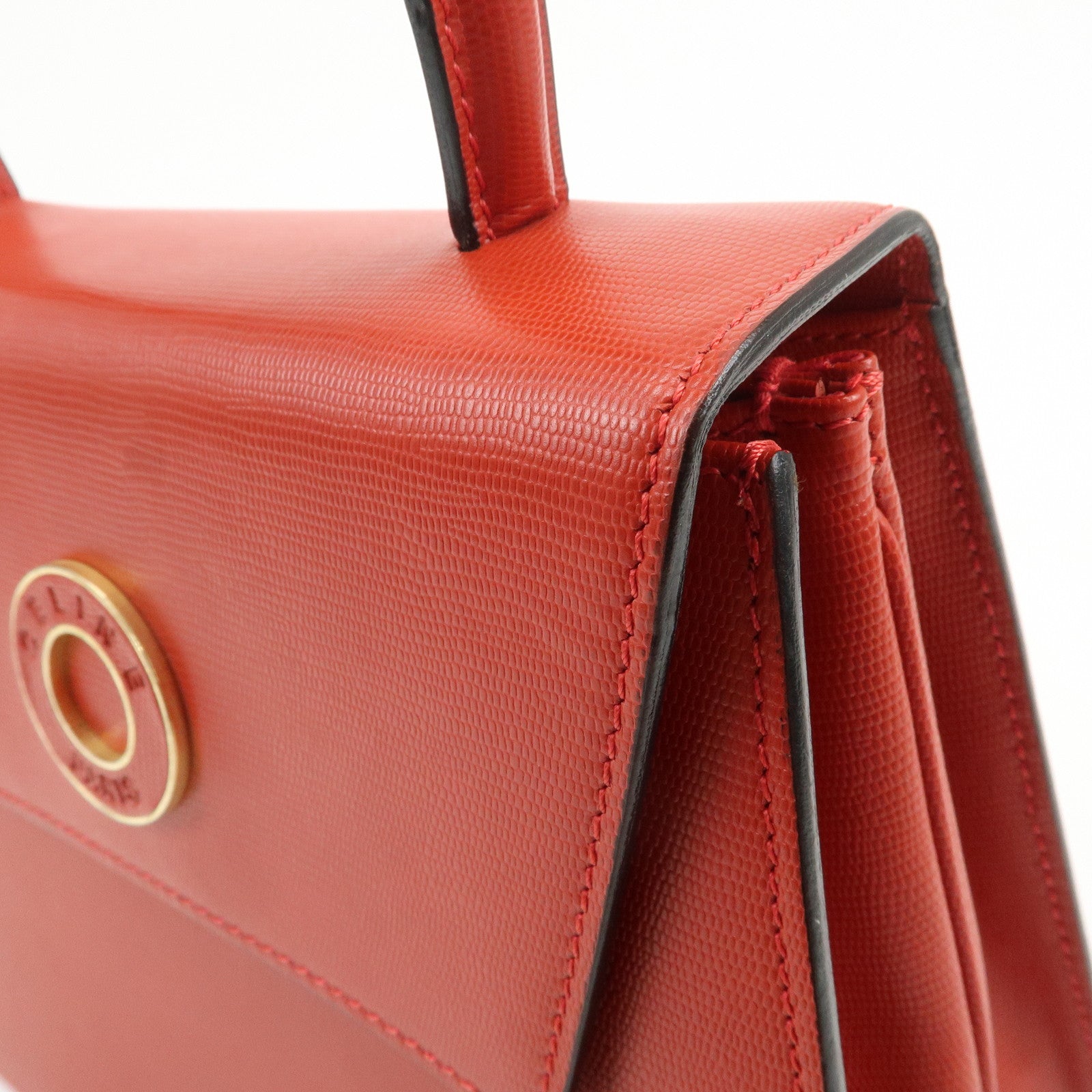 CELINE Logo Leather 2Way Bag Hand Bag Shoulder Bag Red Gold