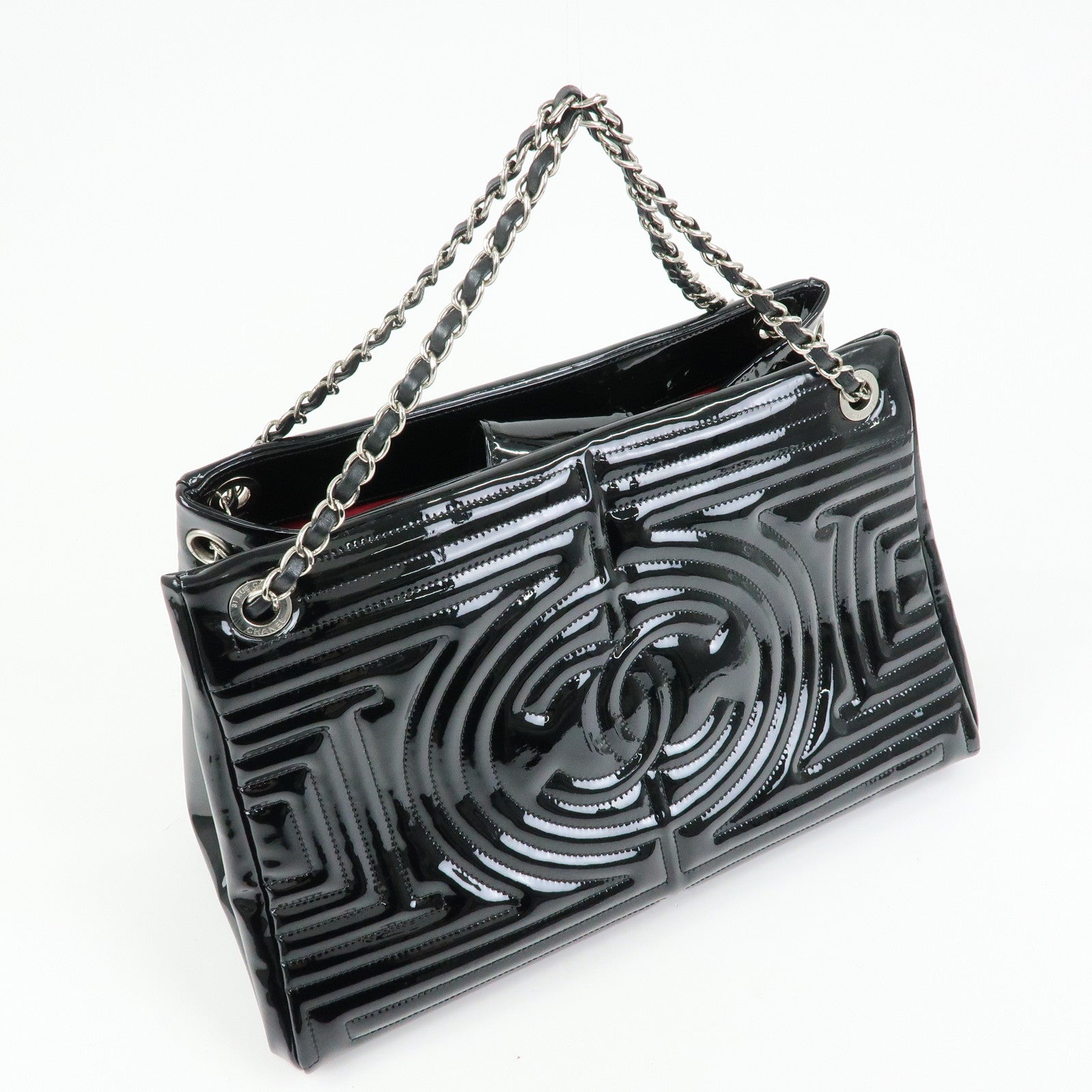 CHANEL COCO Mark Patent Leather Lamb Skin Tote Bag Hand Bag Black