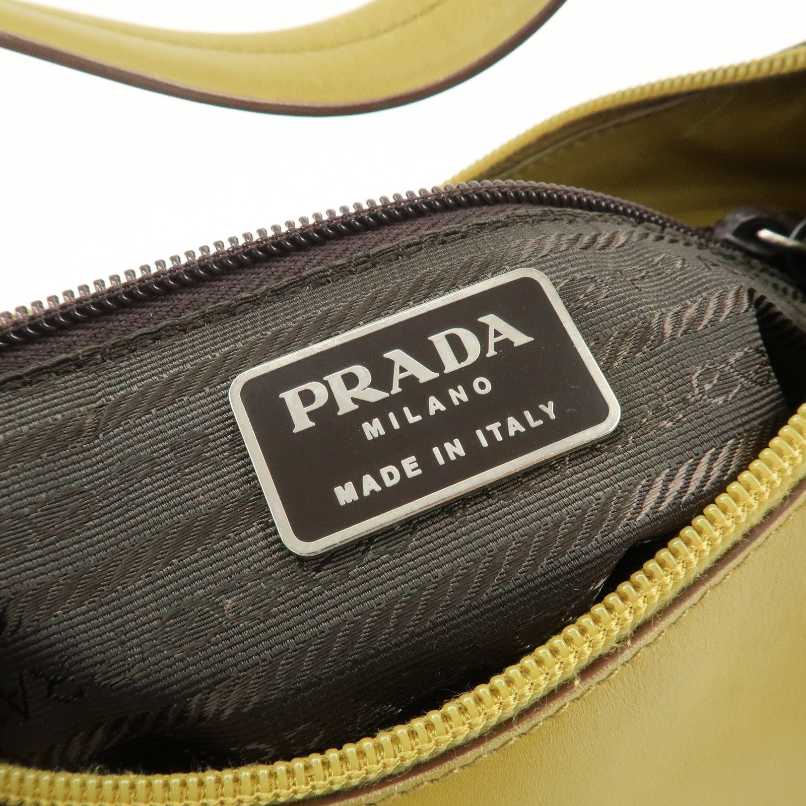 PRADA Leather Shoulder Bag Mustard Silver Hardware Used