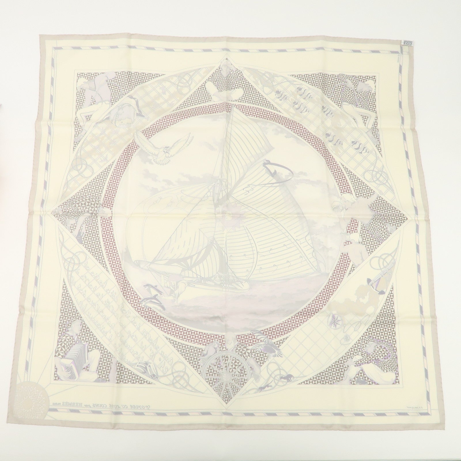 HERMES Carre 90 Silk 100% Scarf VOYAGE au LONGCOURS Ivory Used