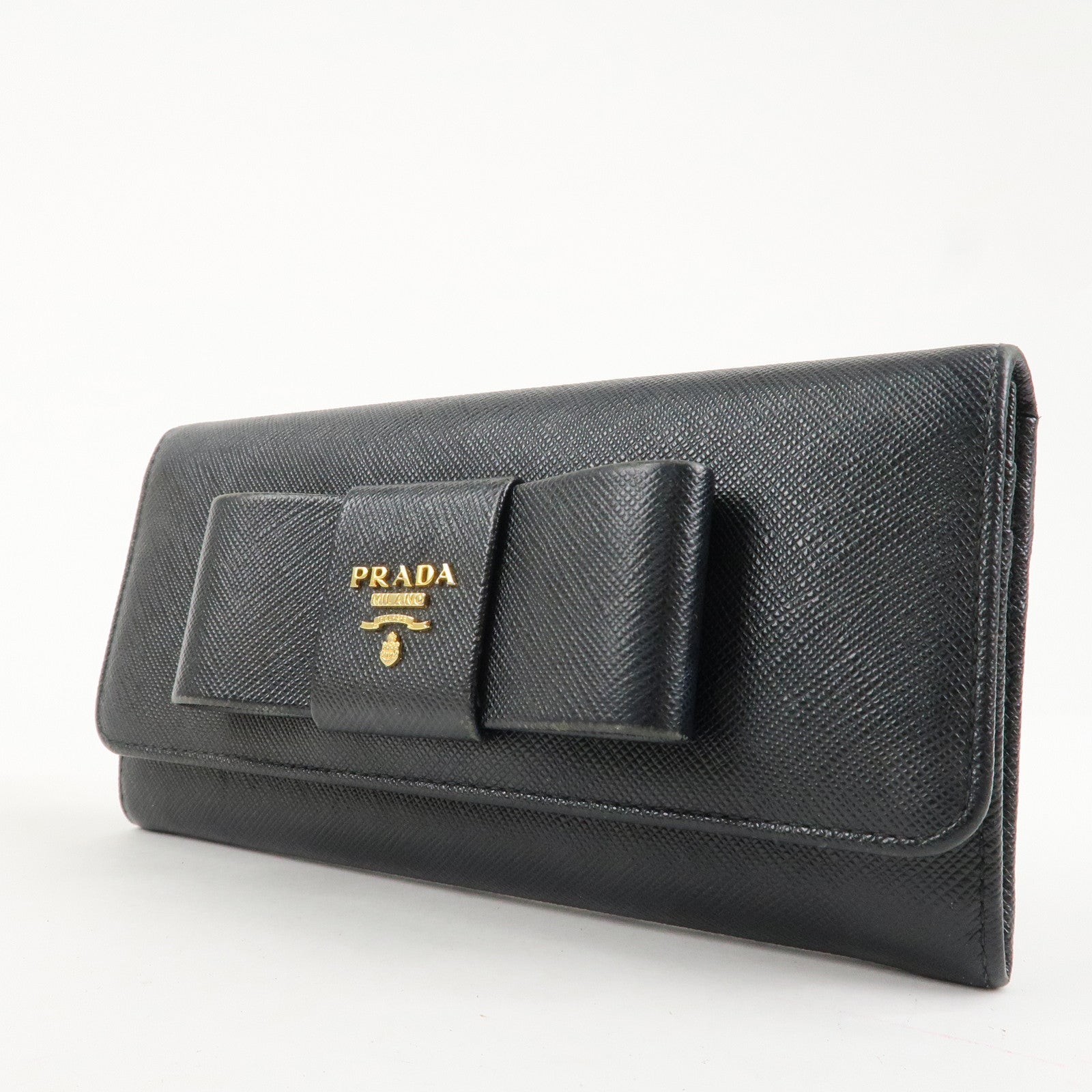 PRADA Saffiano Leather Flap Bi-Fold Long Wallet Black Gold 1MH132 Used