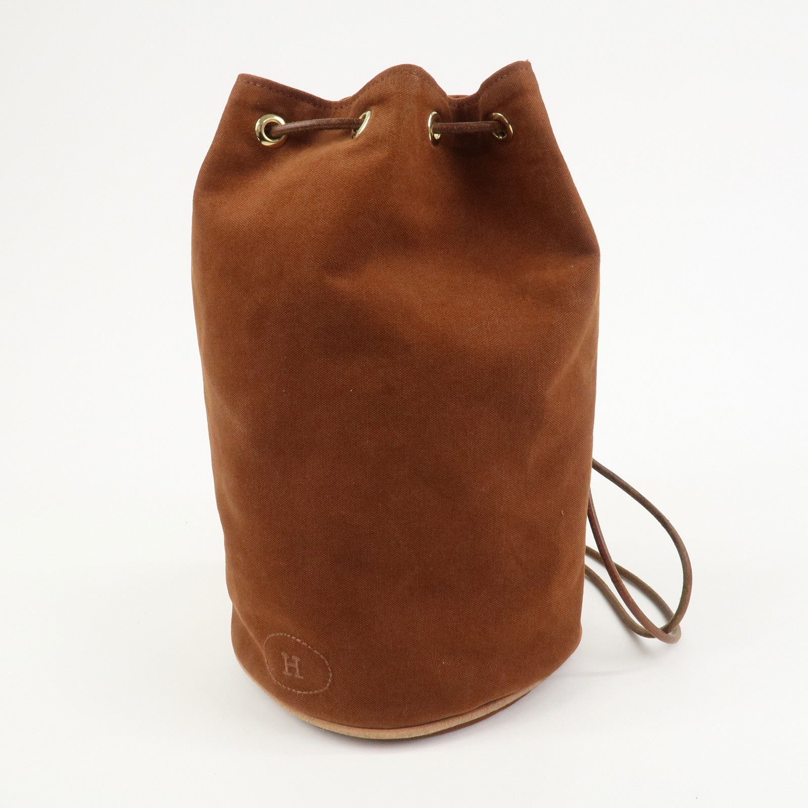 HERMES Canvas Leather Porochon Mimil PM Drawstring Backpack Brown