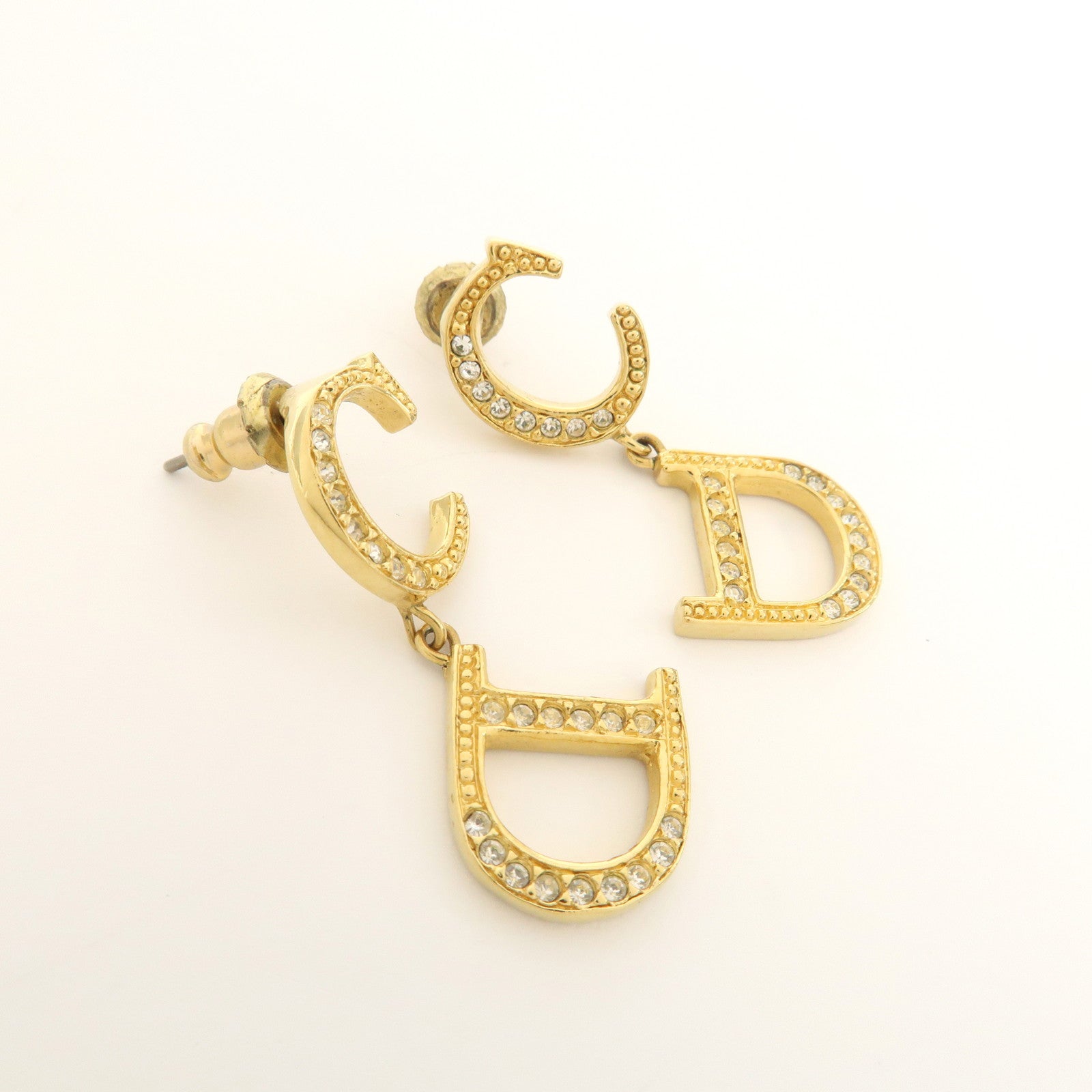 Christian Dior Gold-Tone Logo Metal Rhinestone Earrings
