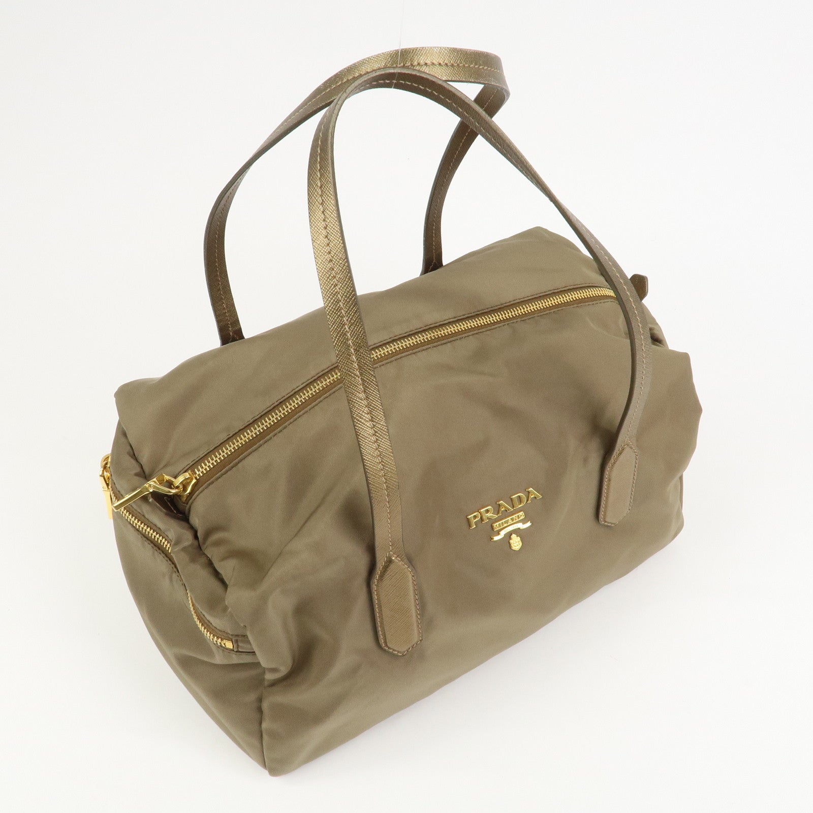 PRADA Logo Nylon Saffiano Leather Shoulder Bag Hand Bag Khaki