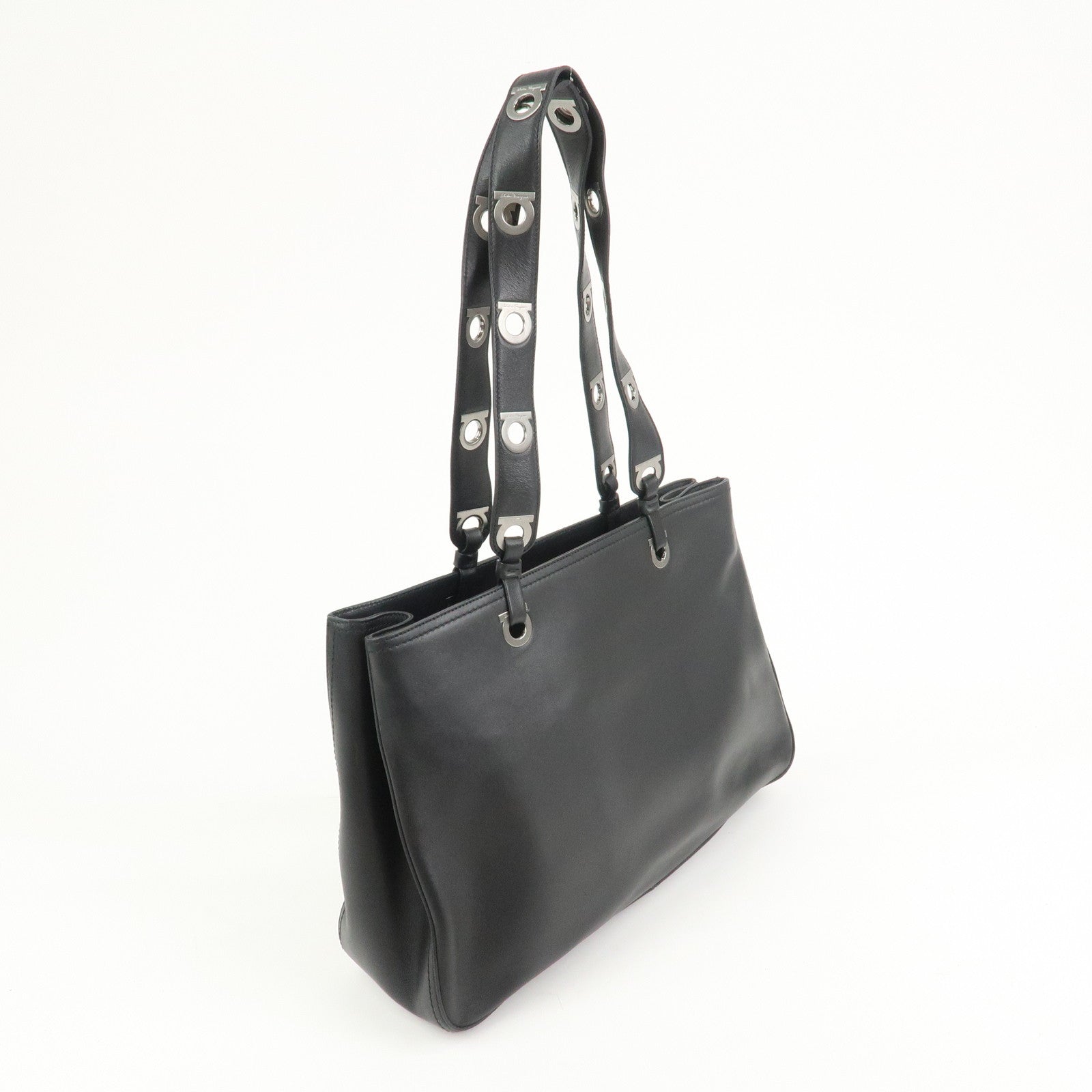 Ferragamo Gancini Leather Tote Bag Shoulder Bag Black