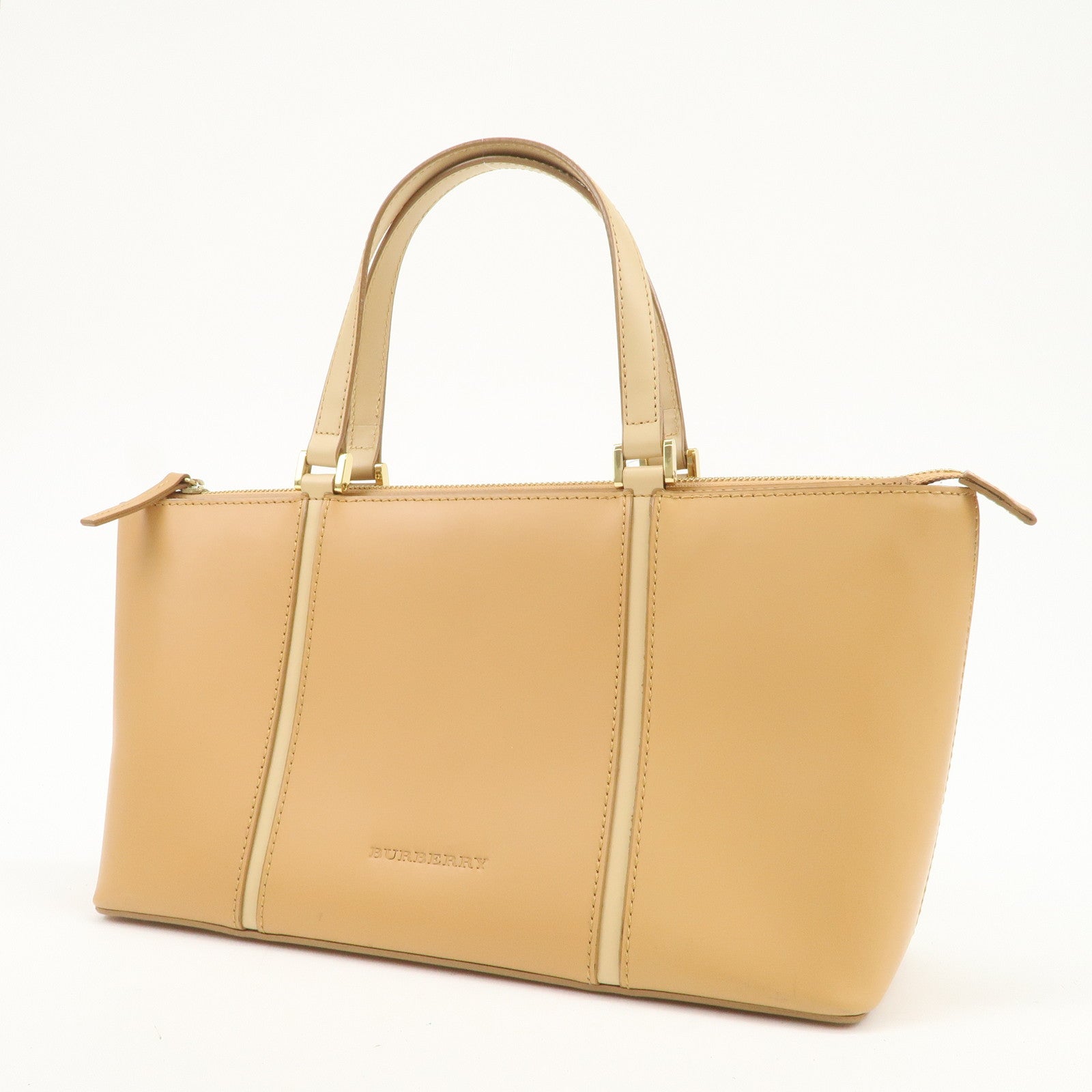 BURBERRY Nova Plaid Logo Leather Hand Bag Light Brown
