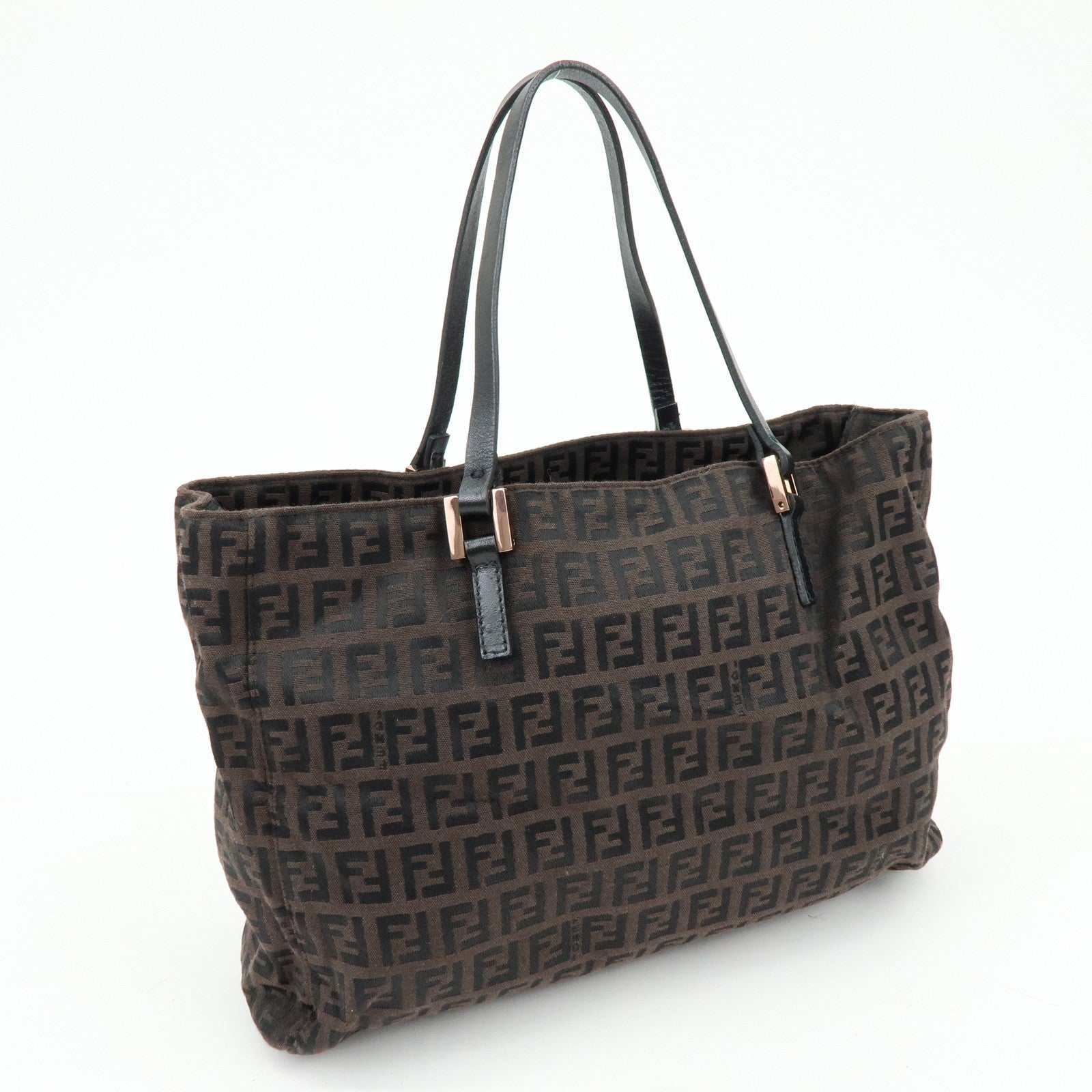 FENDI Zucchino Canvas Leather Tote Bag Hand Bag Brown 8BH018