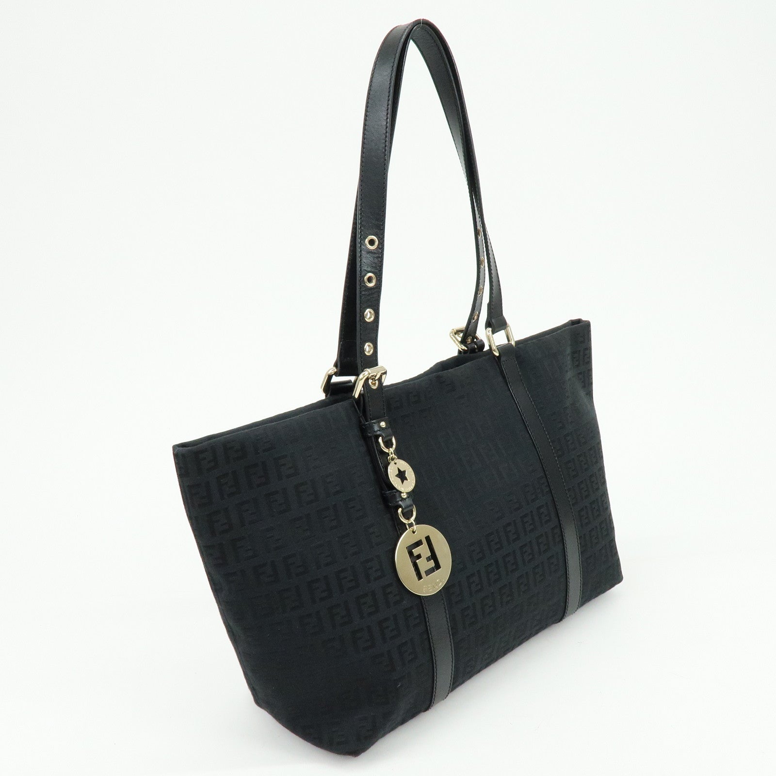 FENDI Zucchino Canvas Leather Tote Bag Shoulder Bag Black 8BH215