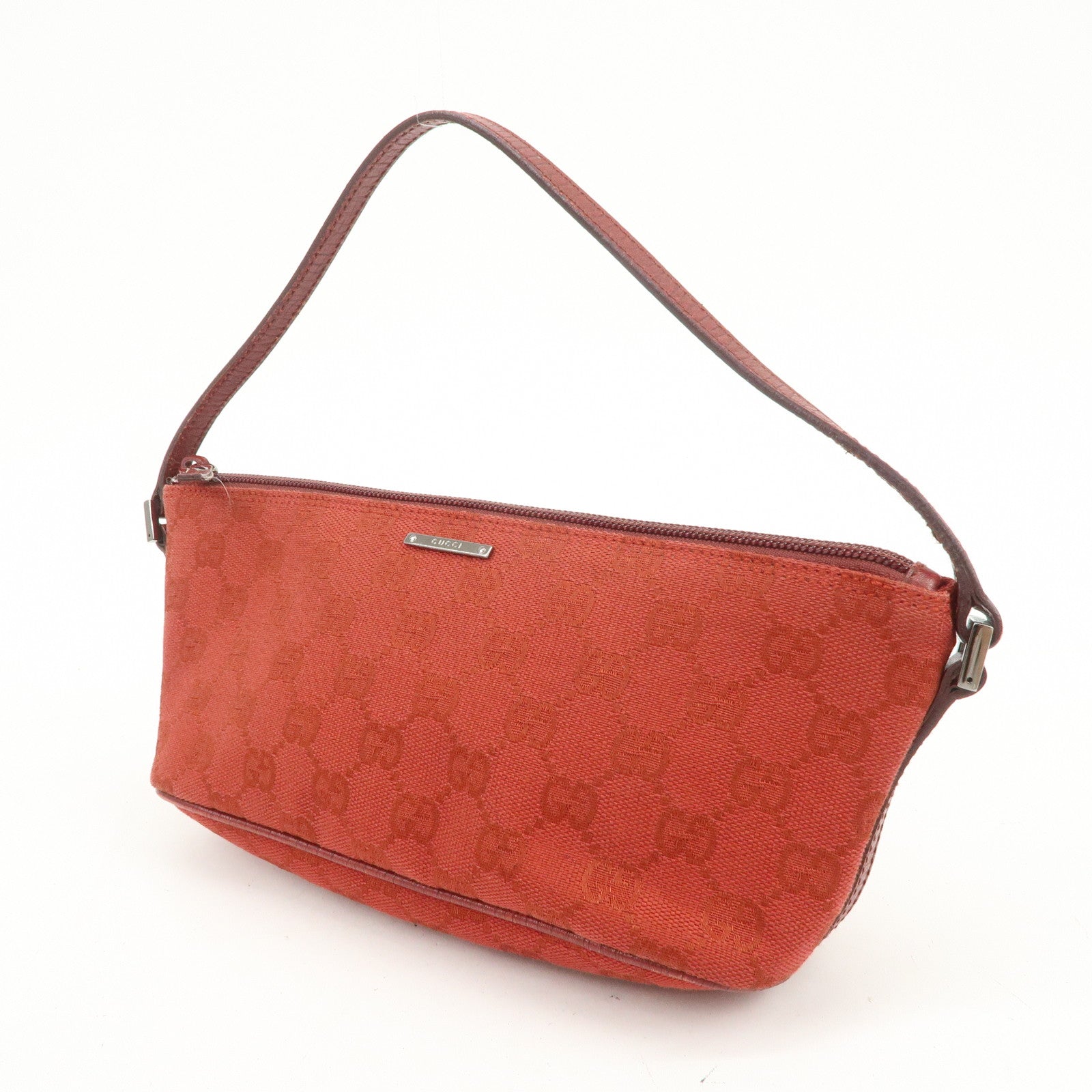 GUCCI Boat Bag GG Canvas Leather Accessory Poach Hand Bag Red 07198