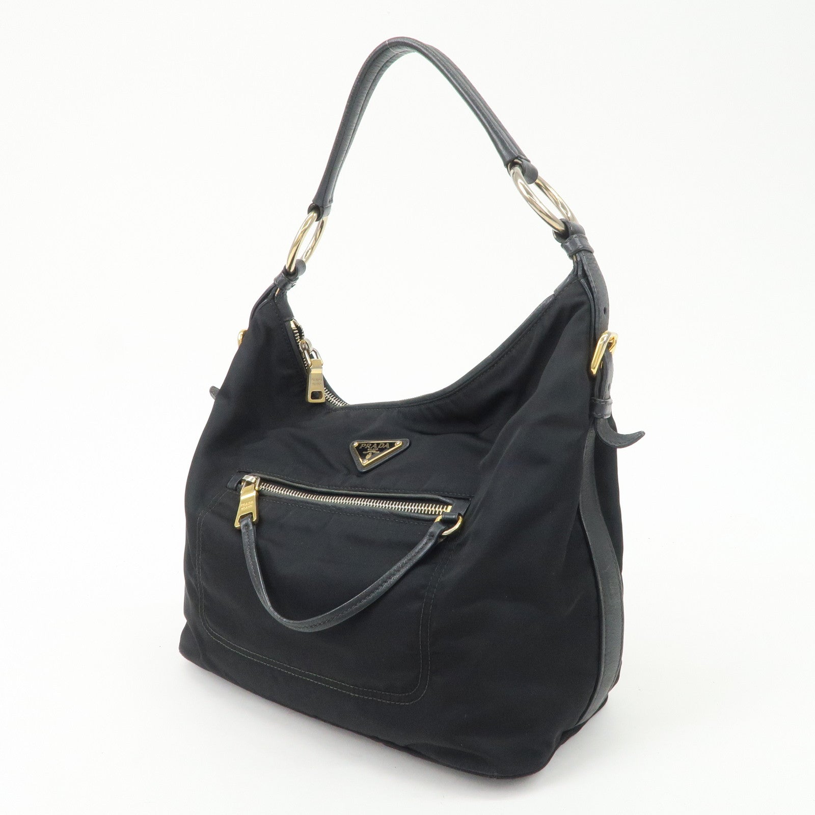 PRADA Triangle Logo Leather Nylon Shoulder Bag Black