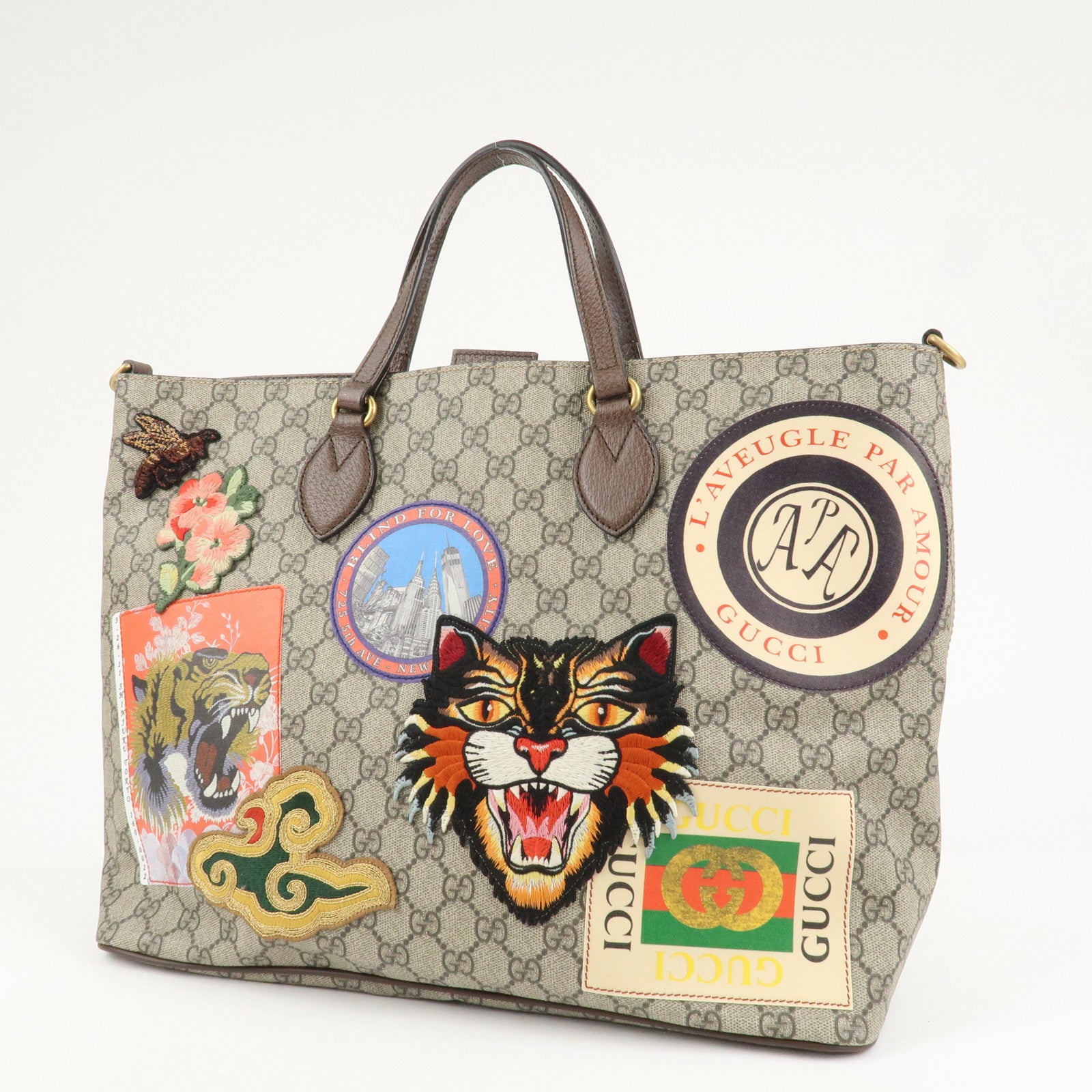 GUCCI GG Supreme Canvas Leather 2WAY Tote Bag Beige Brown 474085 Used