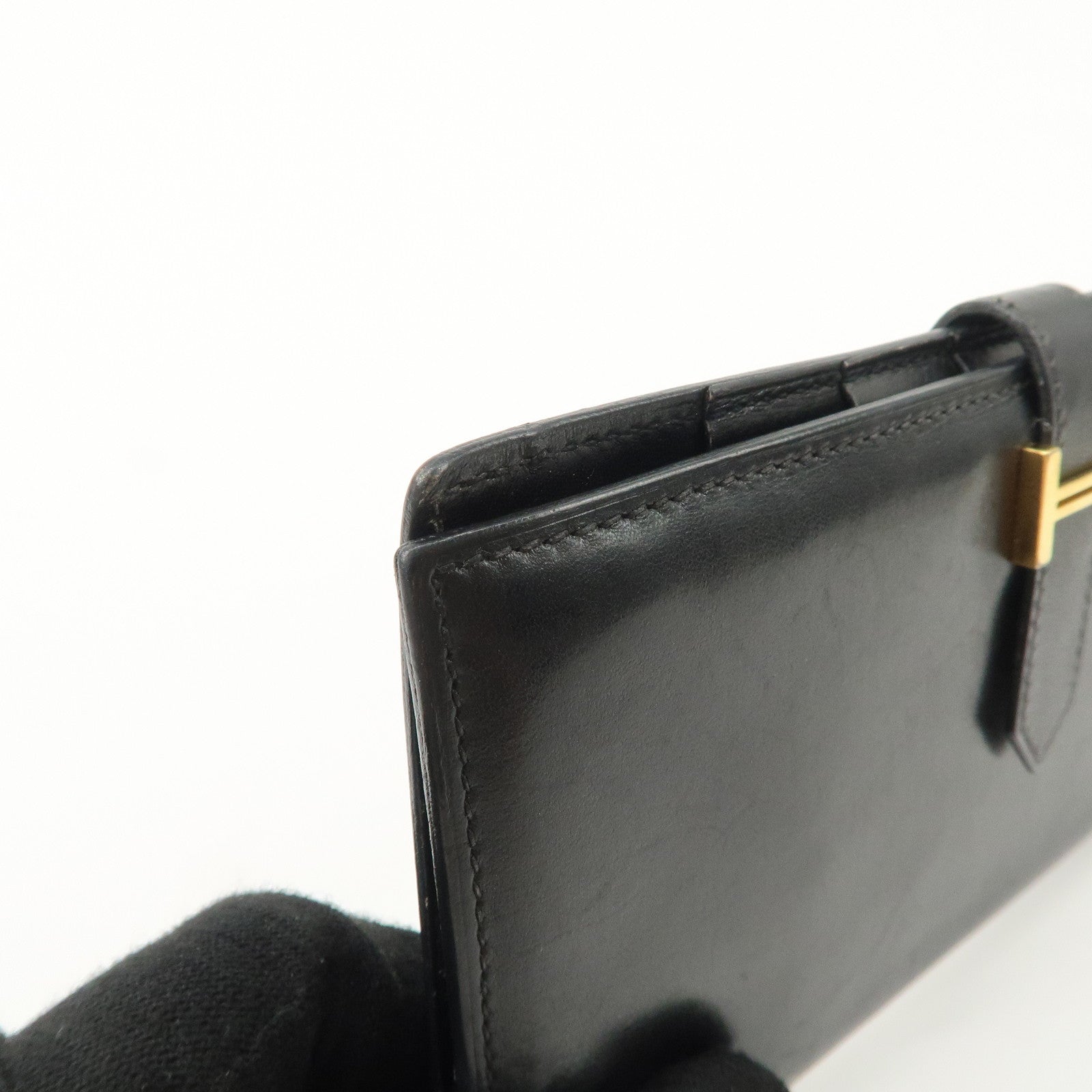 HERMES Bearn Leather Long Wallet H Stamped Black Gold HDW Used
