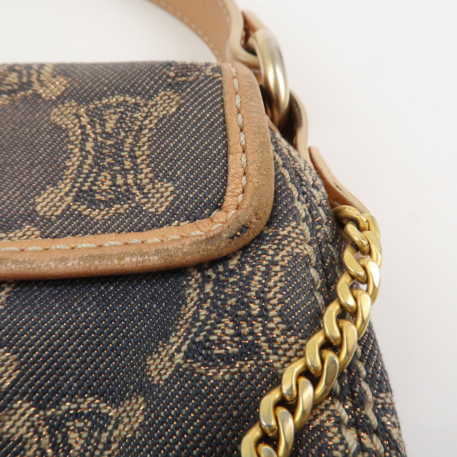 CELINE Macadam Denim Leather Shoulder Bag Hand Bag Light Brown