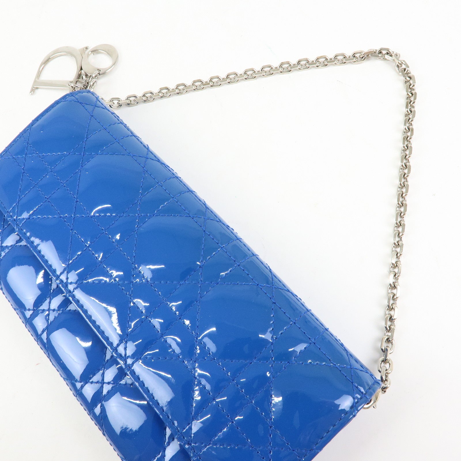 Christian Dior Cannage Patent Leather Chain Wallet WOC Blue Silver