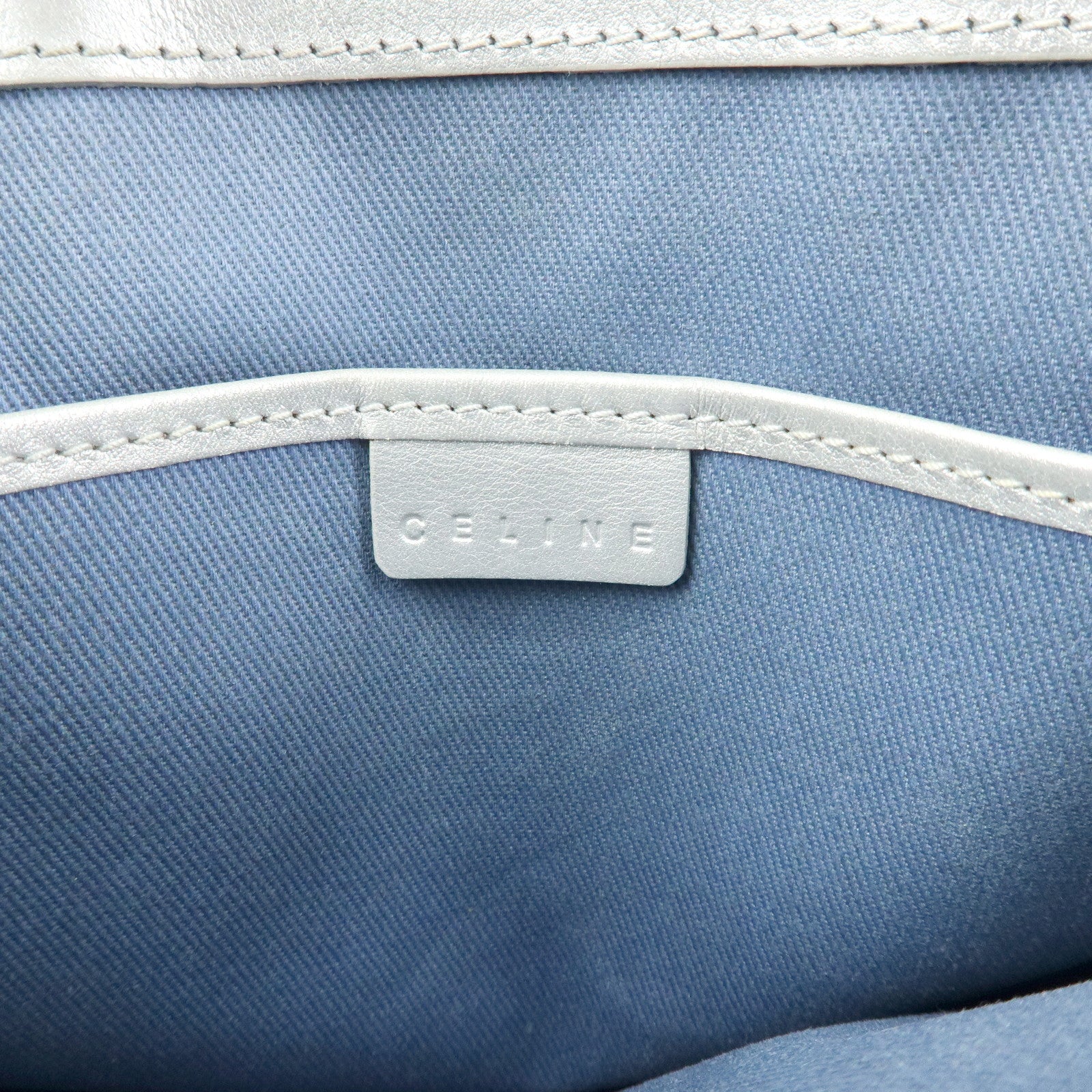 CELINE C Macadam Canvas Leather Tote Bag Hand Bag Light Blue Silver