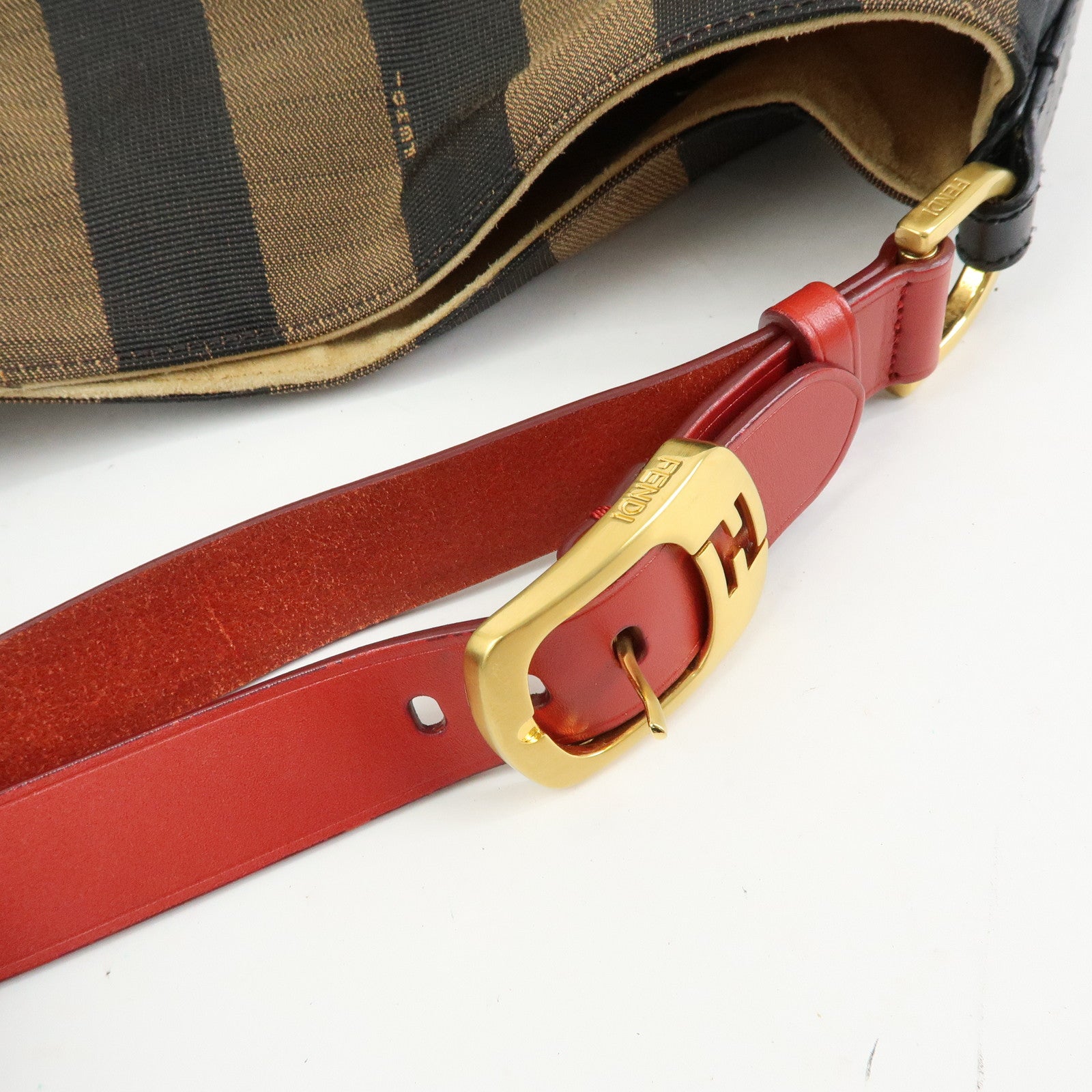 FENDI Pequin Canvas Leather Shoulder Bag Brown Red 8BR653
