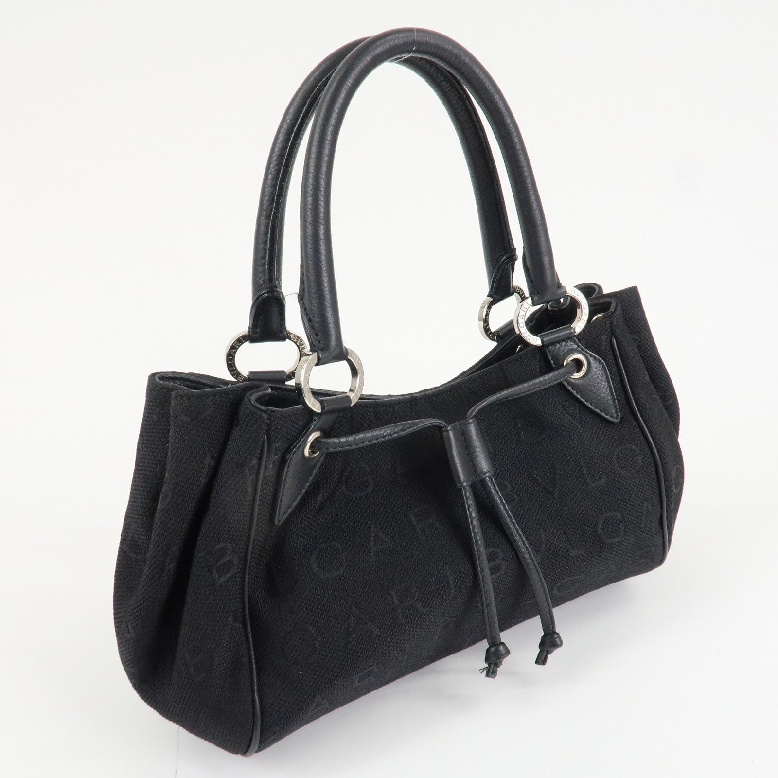 BVLGARI Logo Mania Leather Canvas Tote bag Hand Bag Black Used