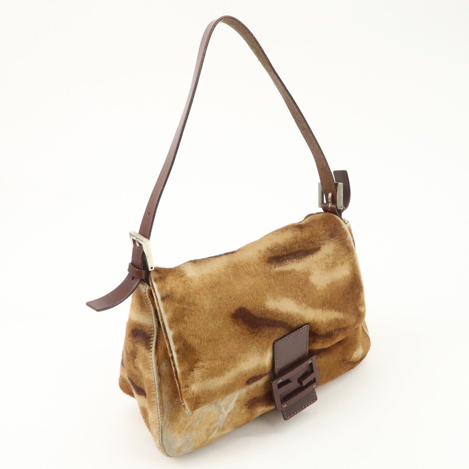 FENDI Mamma Baguette Unborn Carf Leather Shoulder Bag Brown 26323 Used